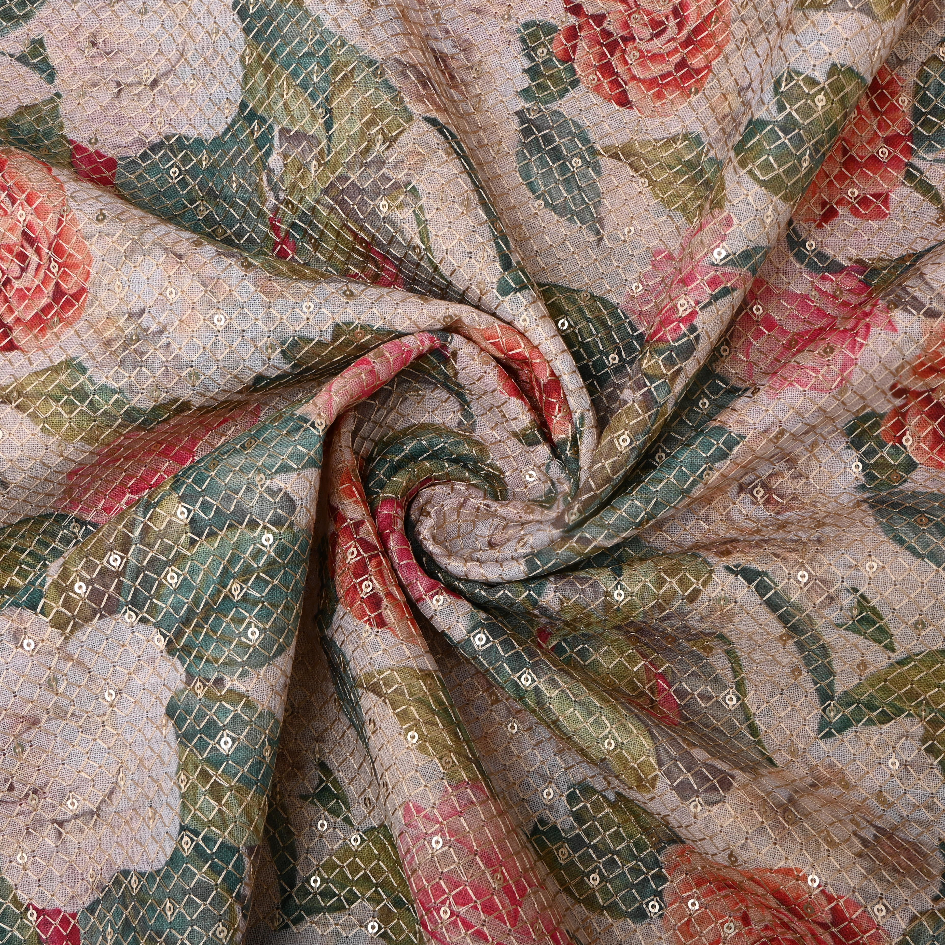 Off-White Sequin Thread Work Floral Linen Fabric