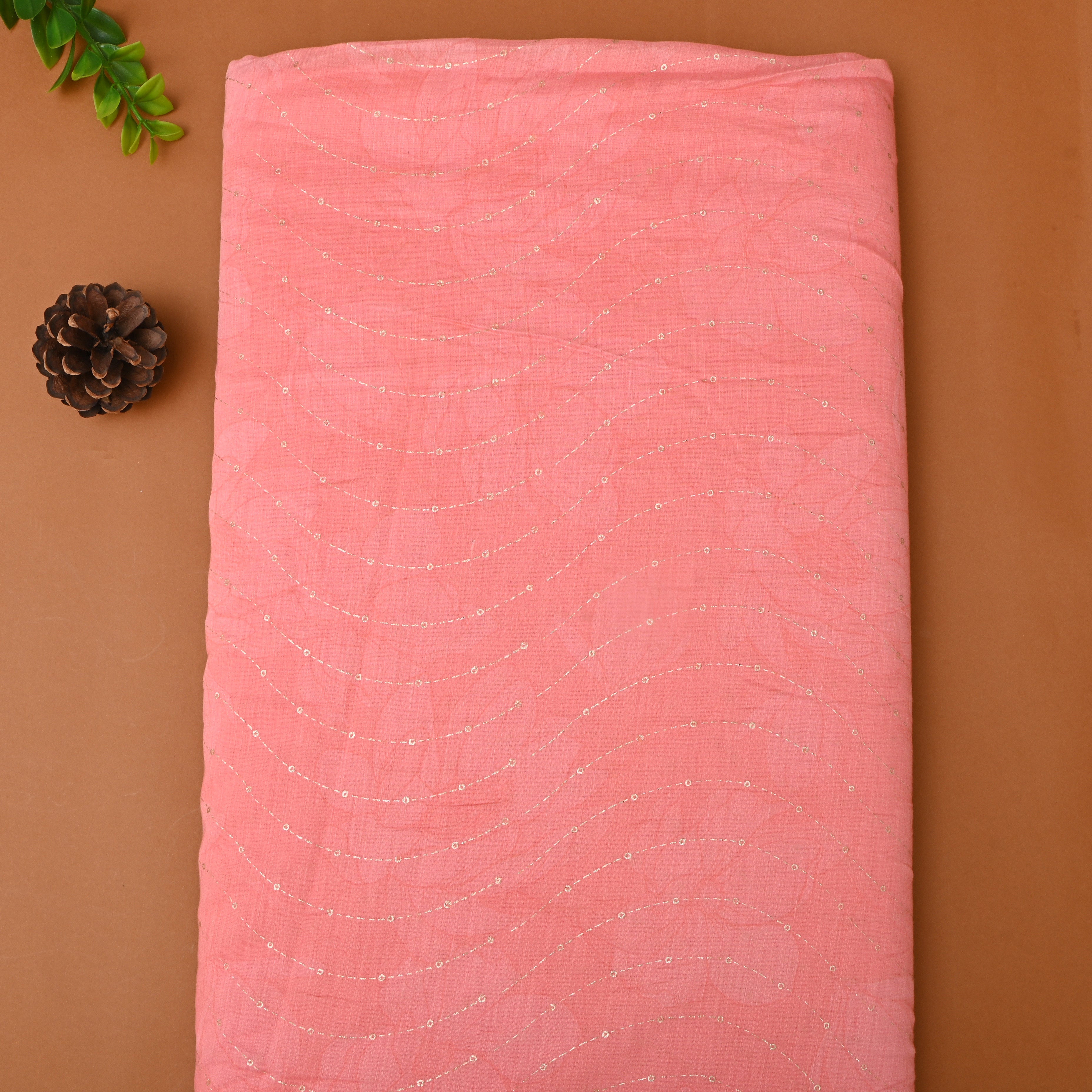 Coral Pink Foil Printed Chanderi Fabric