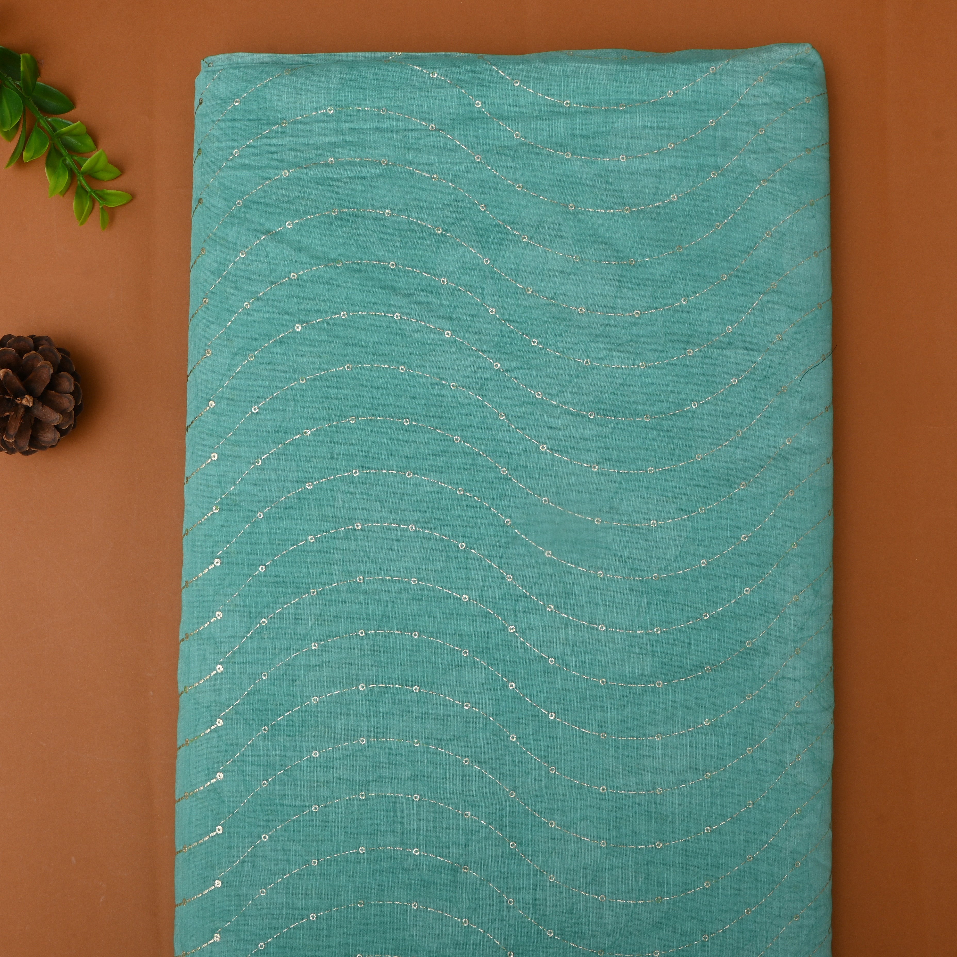 Turquoise Blue Foil Printed Chanderi Fabric