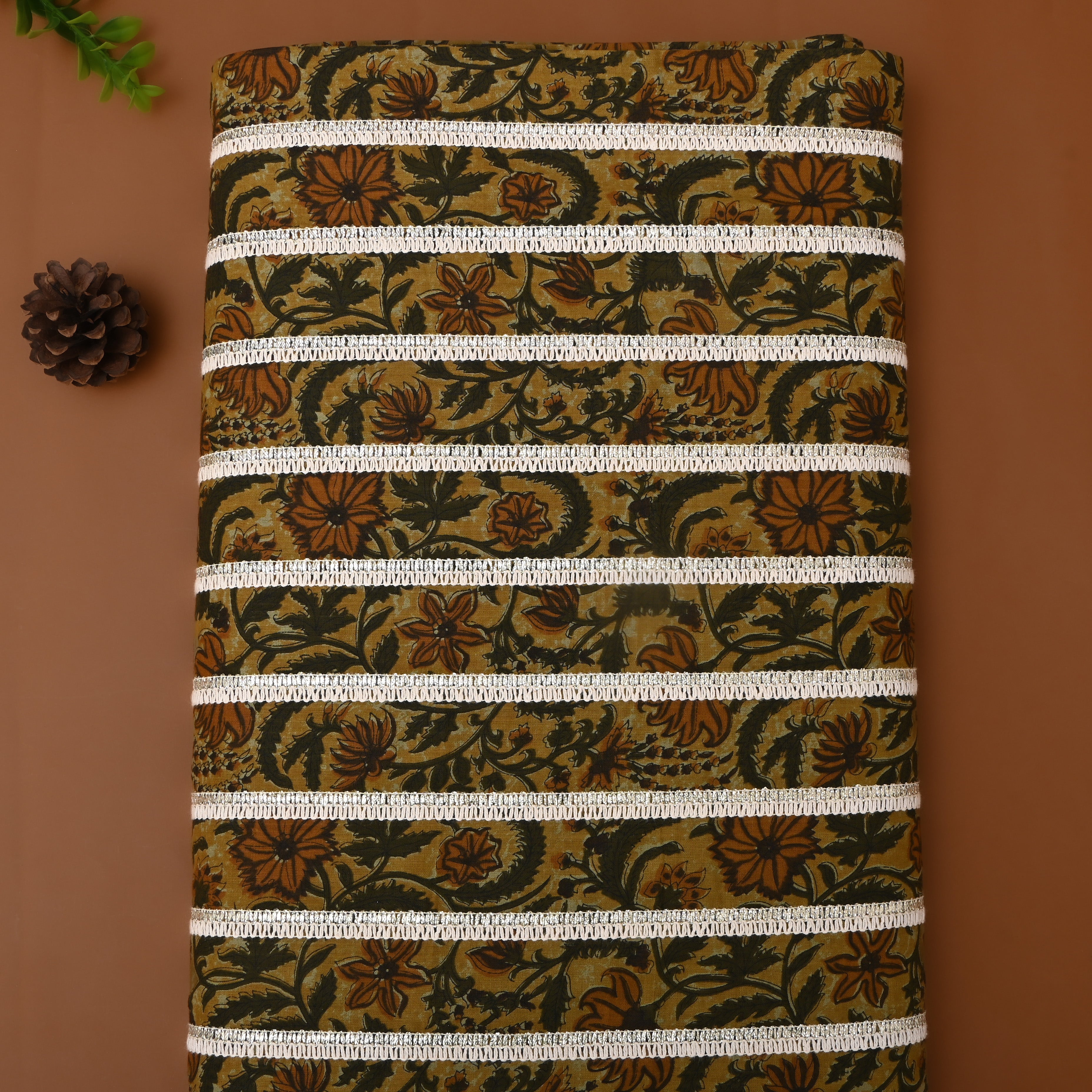 Earthy Green Floral Printed Cotton Fabric