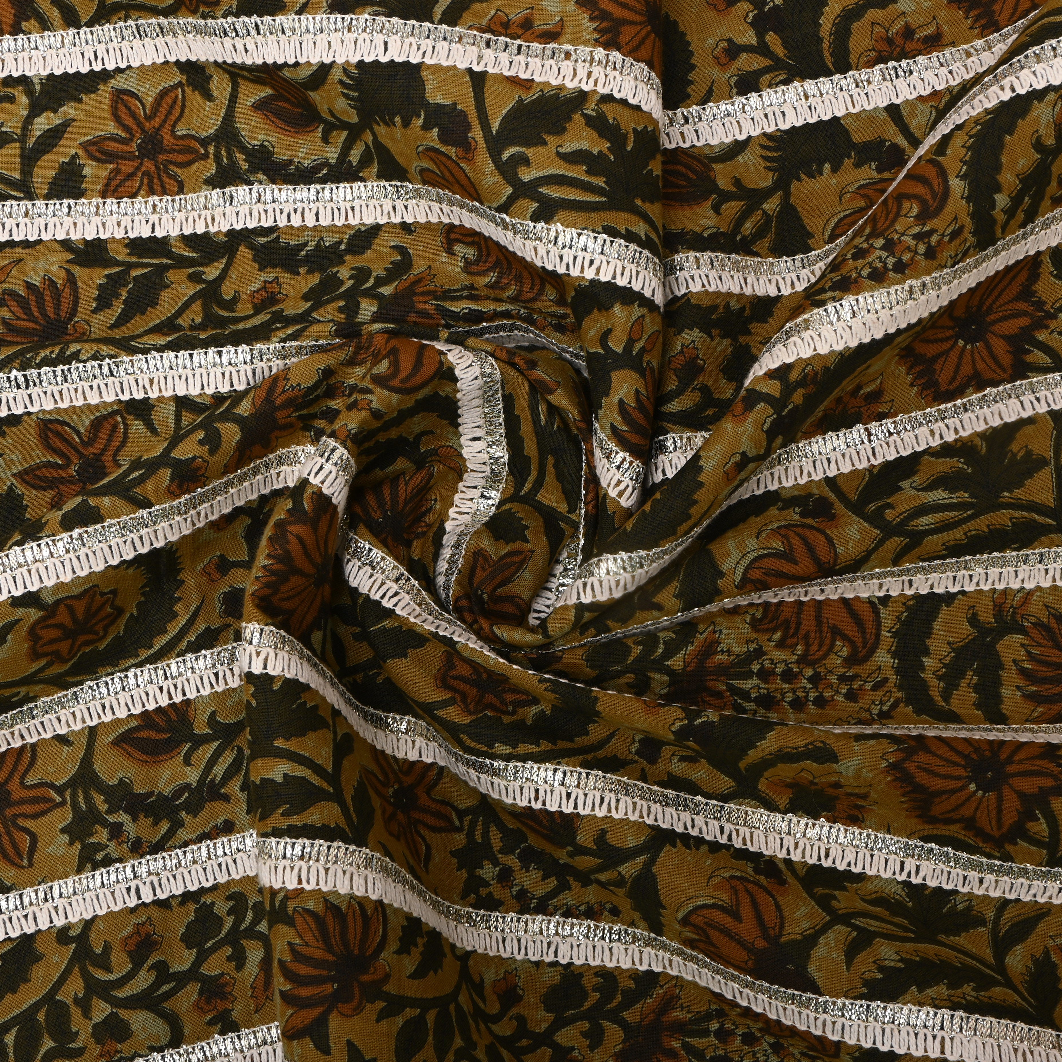 Earthy Green Floral Printed Cotton Fabric