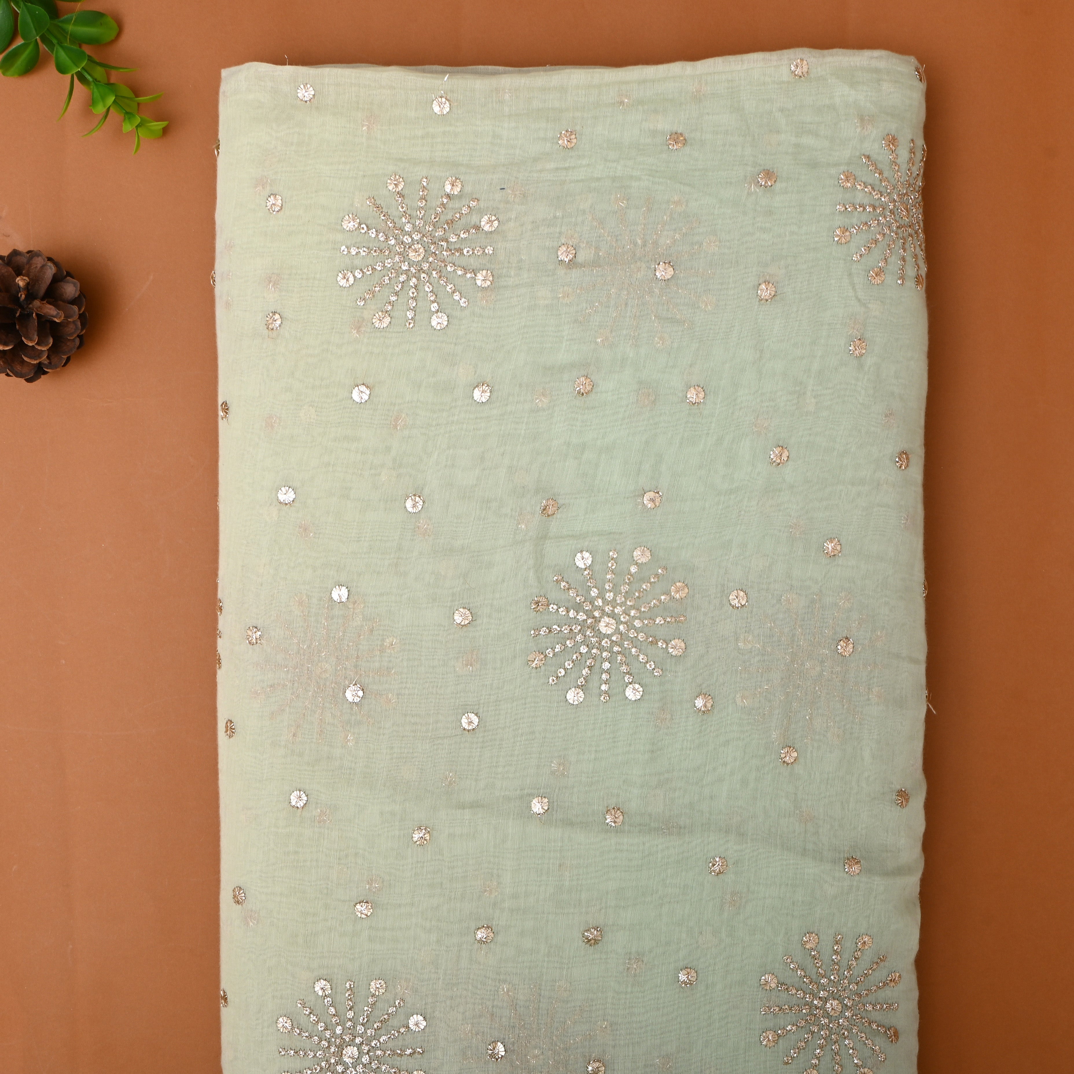 Pastel Green Floral Embroidered Chanderi Fabric