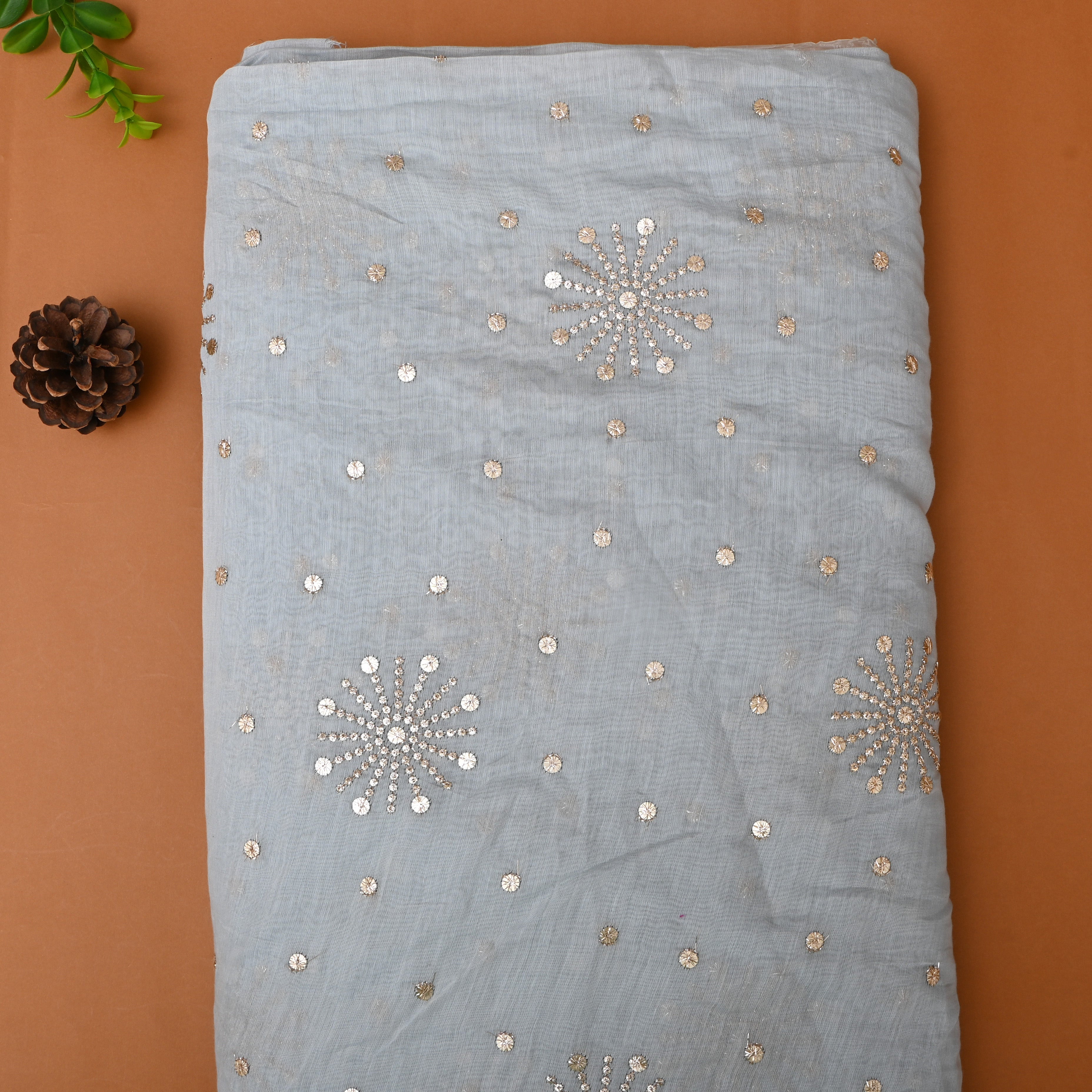 Bluish Grey Floral Embroidered Chanderi Fabric
