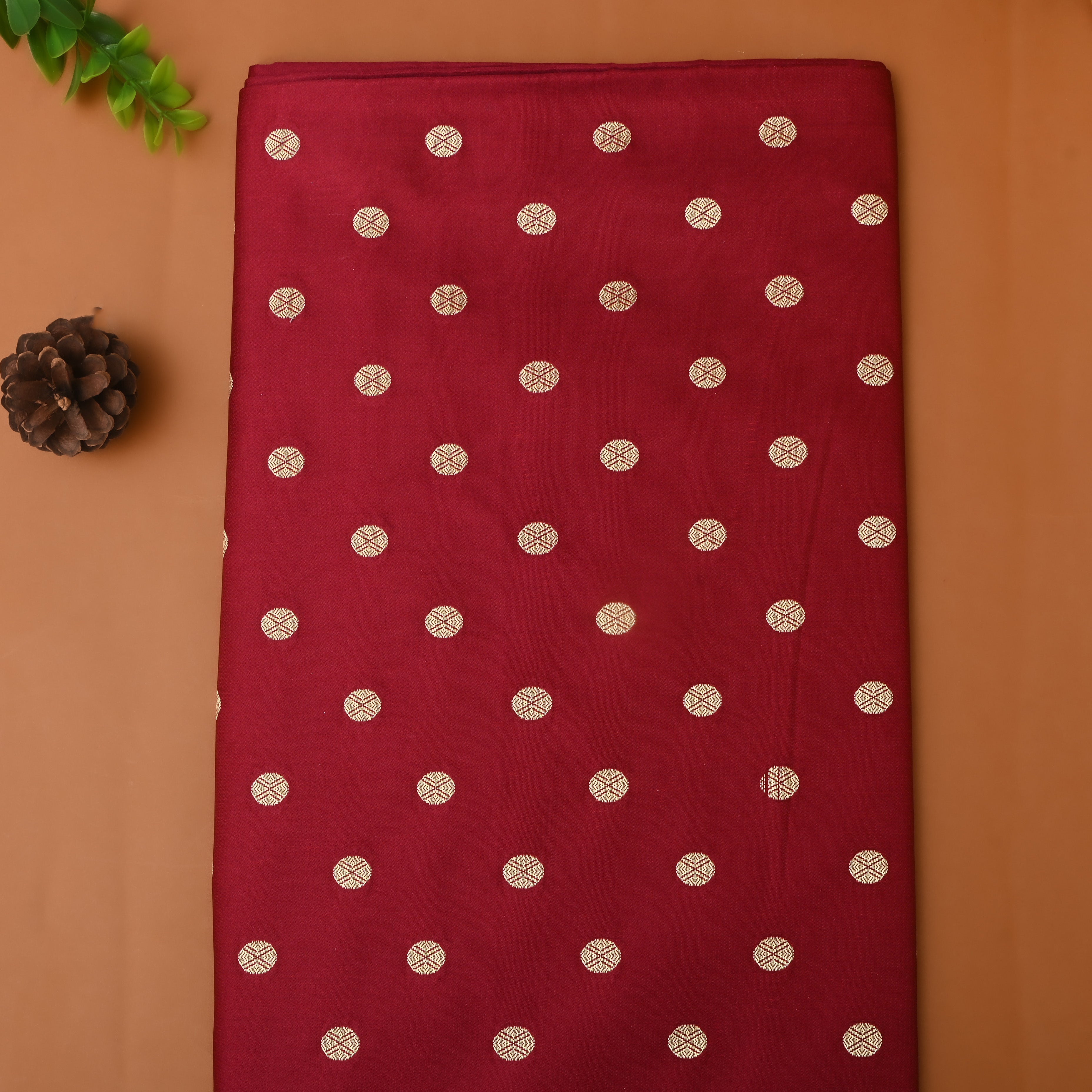 Solid Maroon Golden Zari Butti Silk Fabric