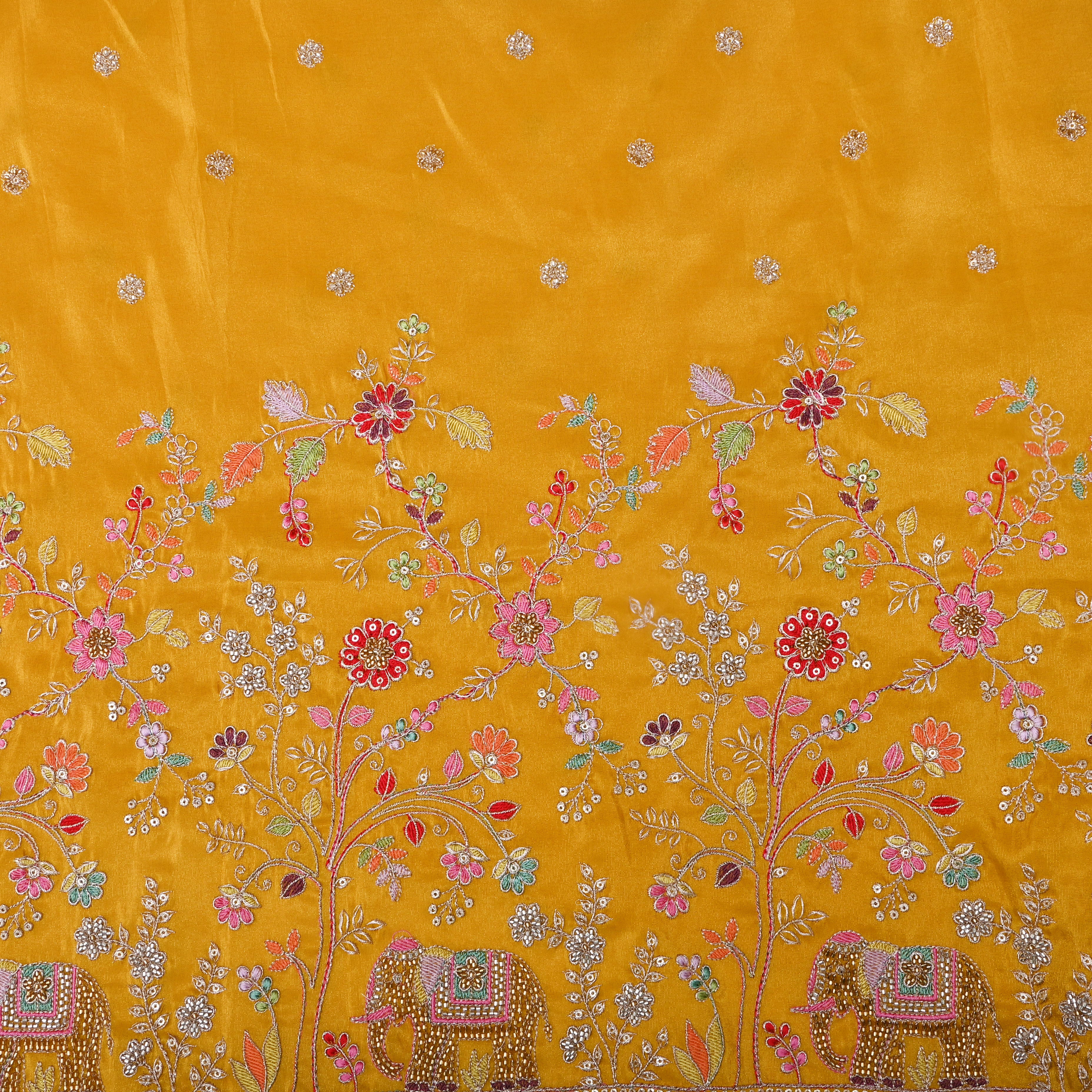 Yellow Floral Embroidered Tissue Fabric