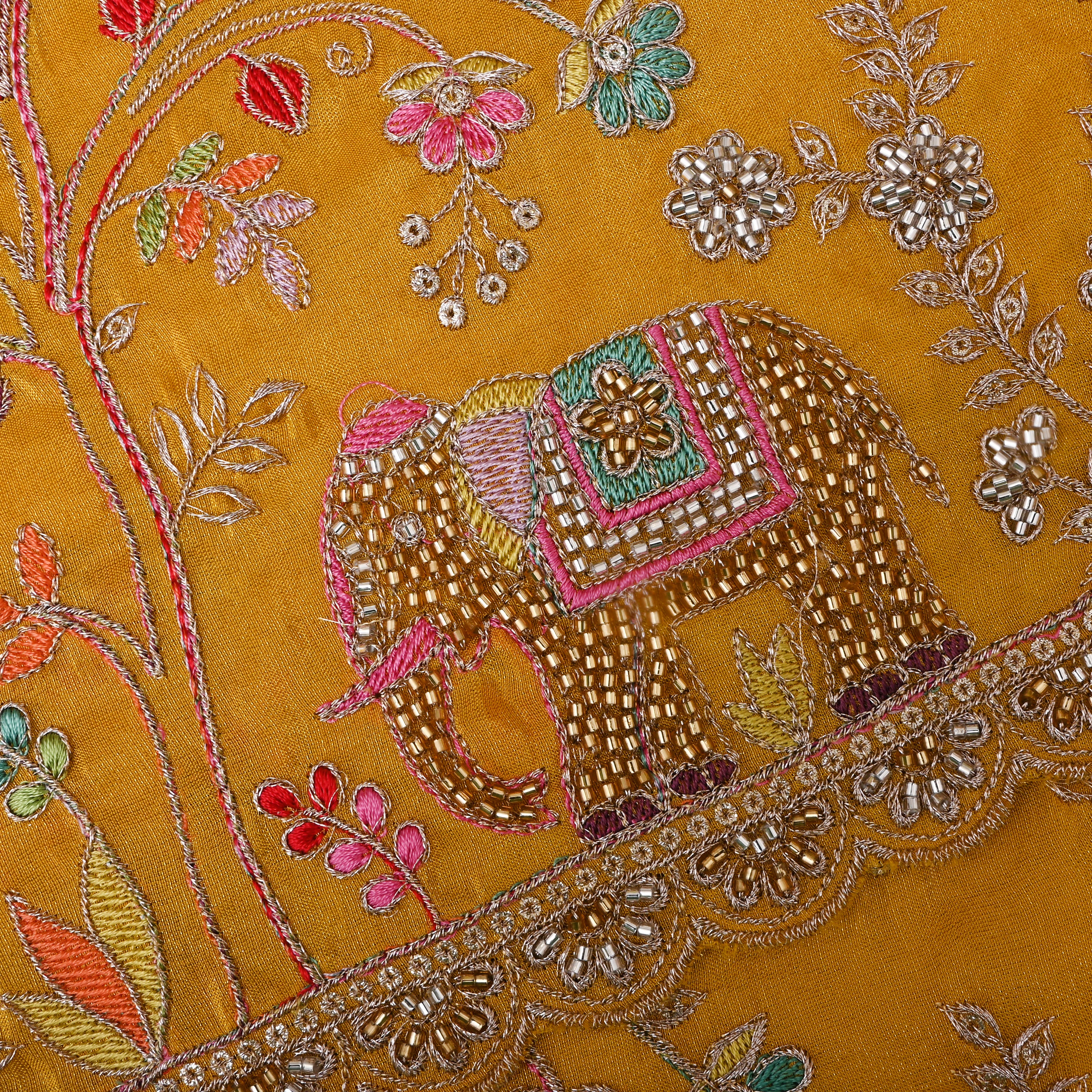 Yellow Floral Embroidered Tissue Fabric