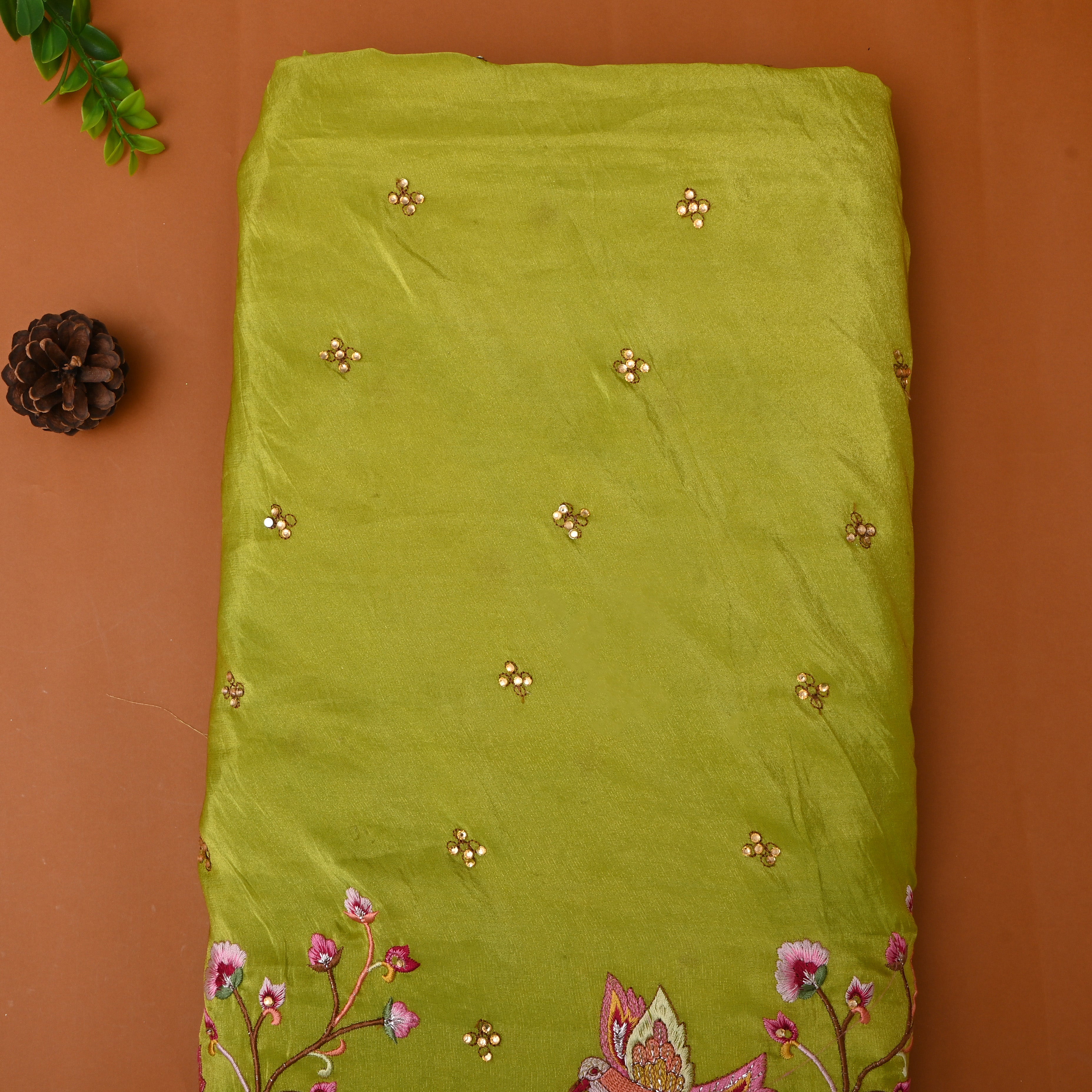 Mehendi Green Thread Embroidered Floral Tissue Fabric