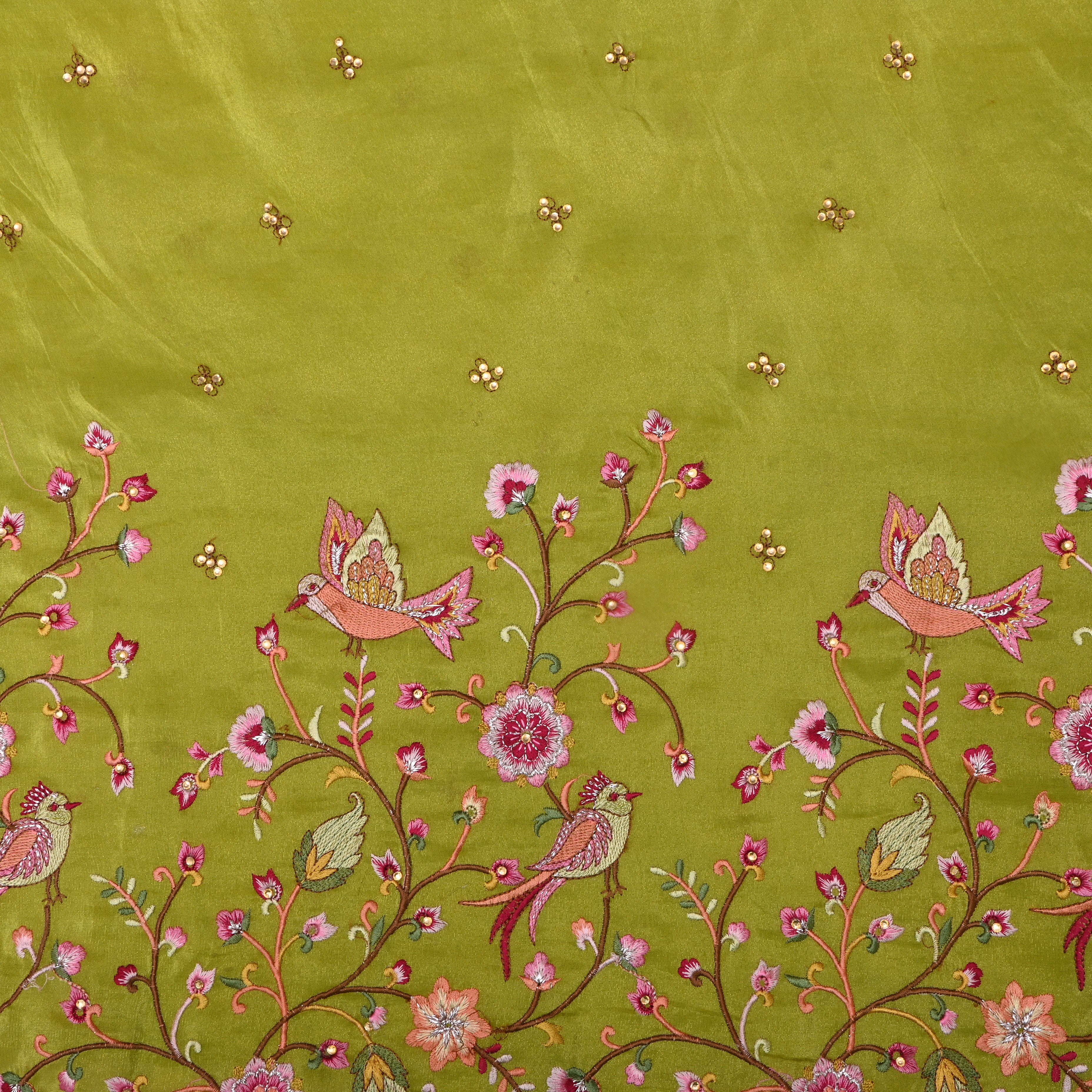 Mehendi Green Thread Embroidered Floral Tissue Fabric