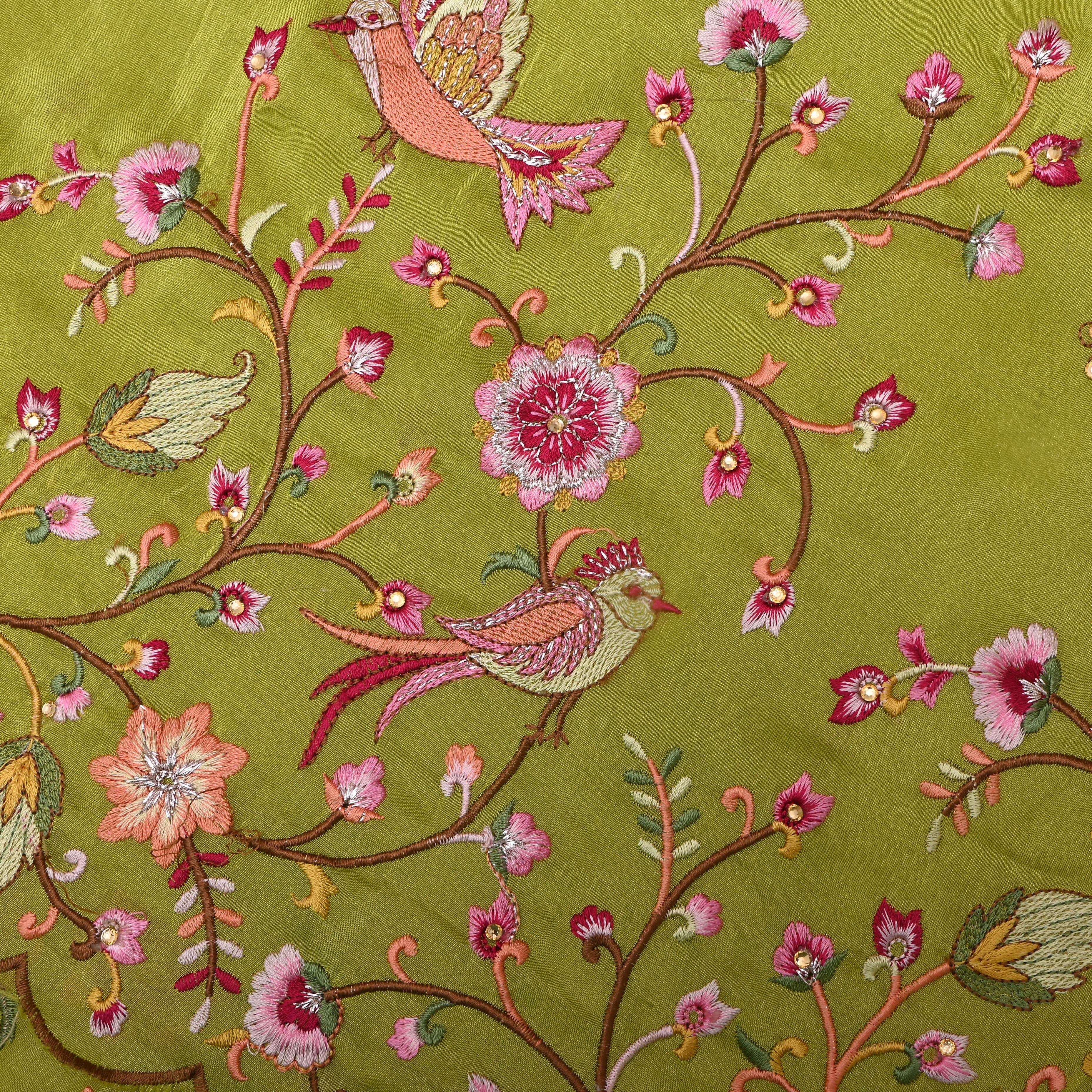 Mehendi Green Thread Embroidered Floral Tissue Fabric