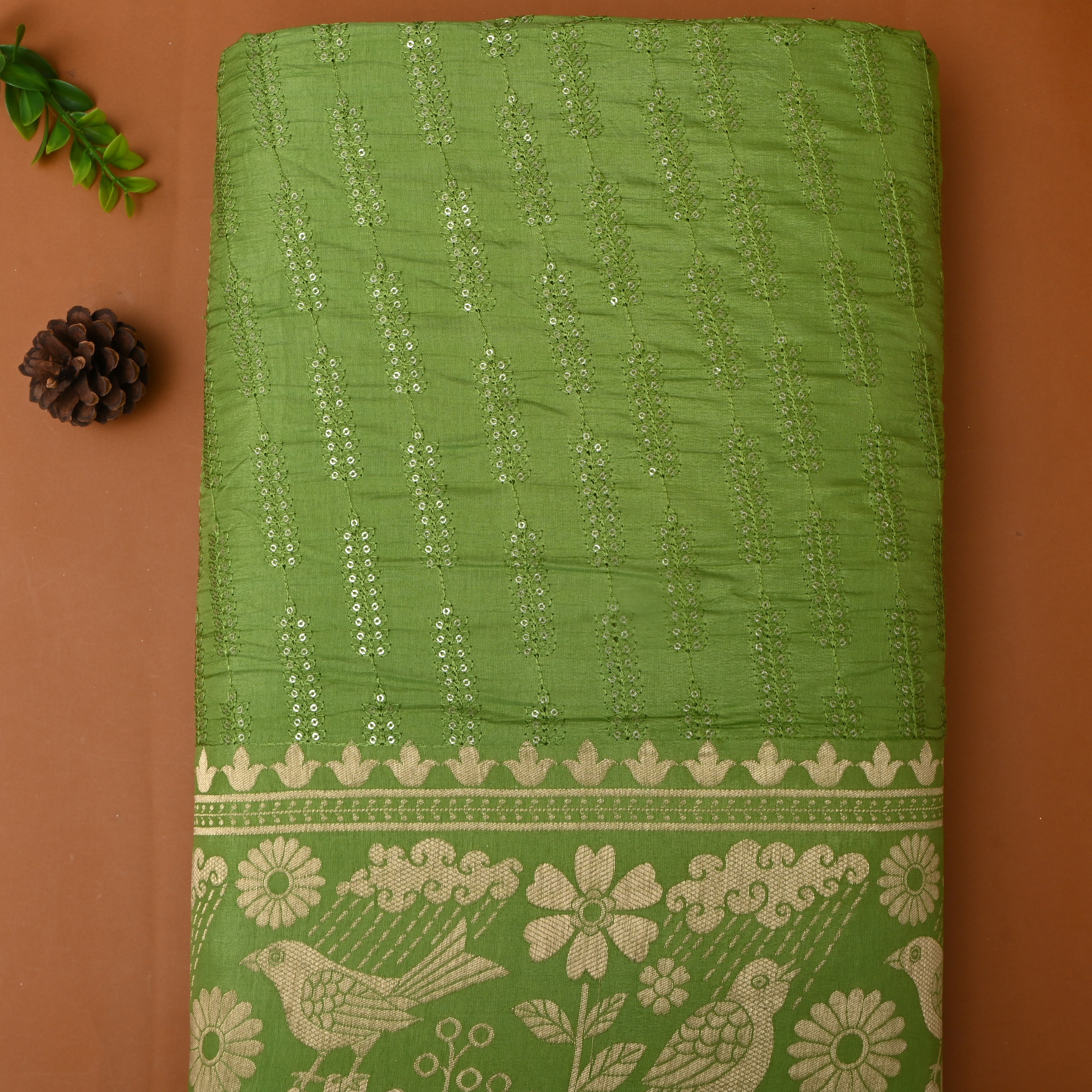 Kelly Green Floral Embroidered Silk Fabric