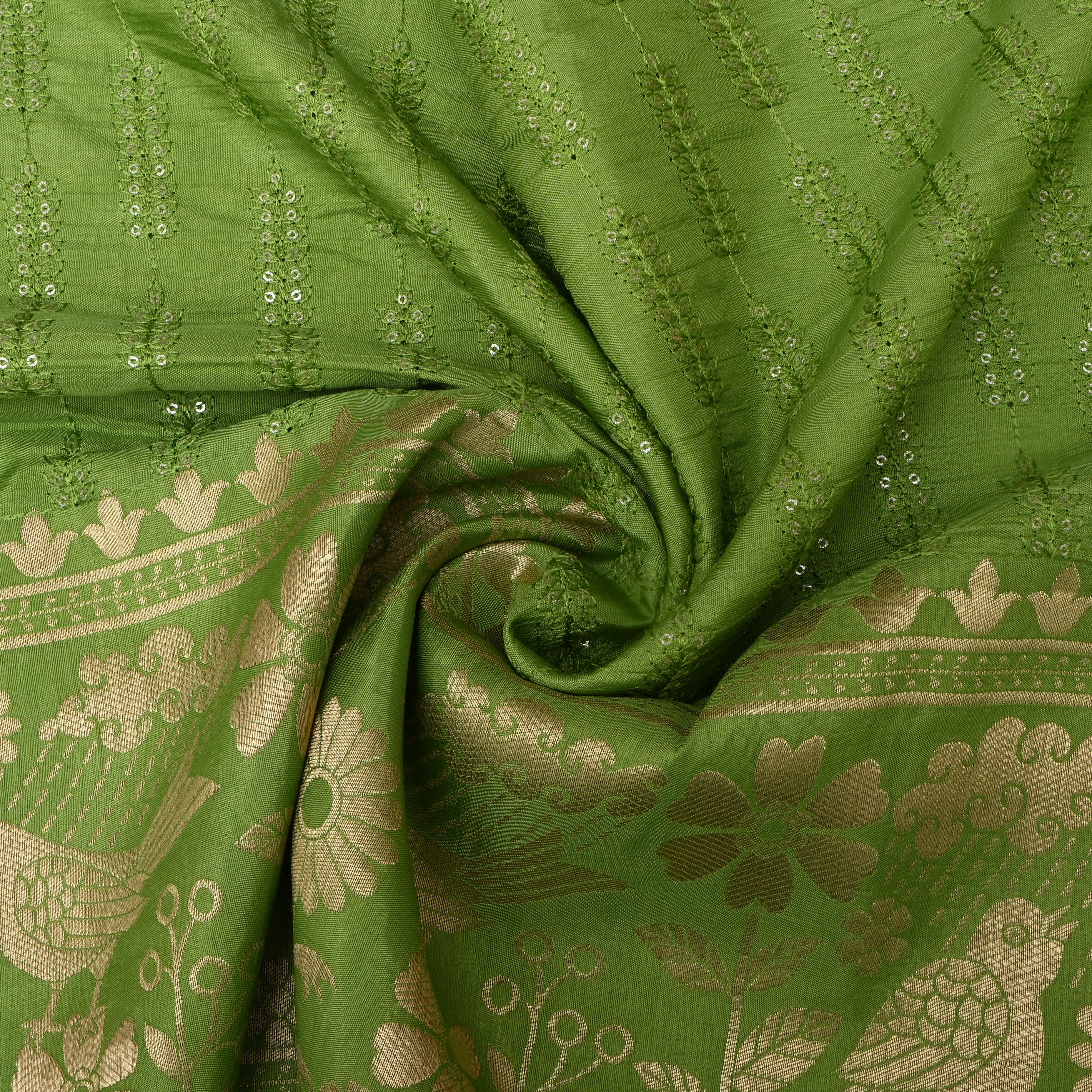 Kelly Green Floral Embroidered Silk Fabric