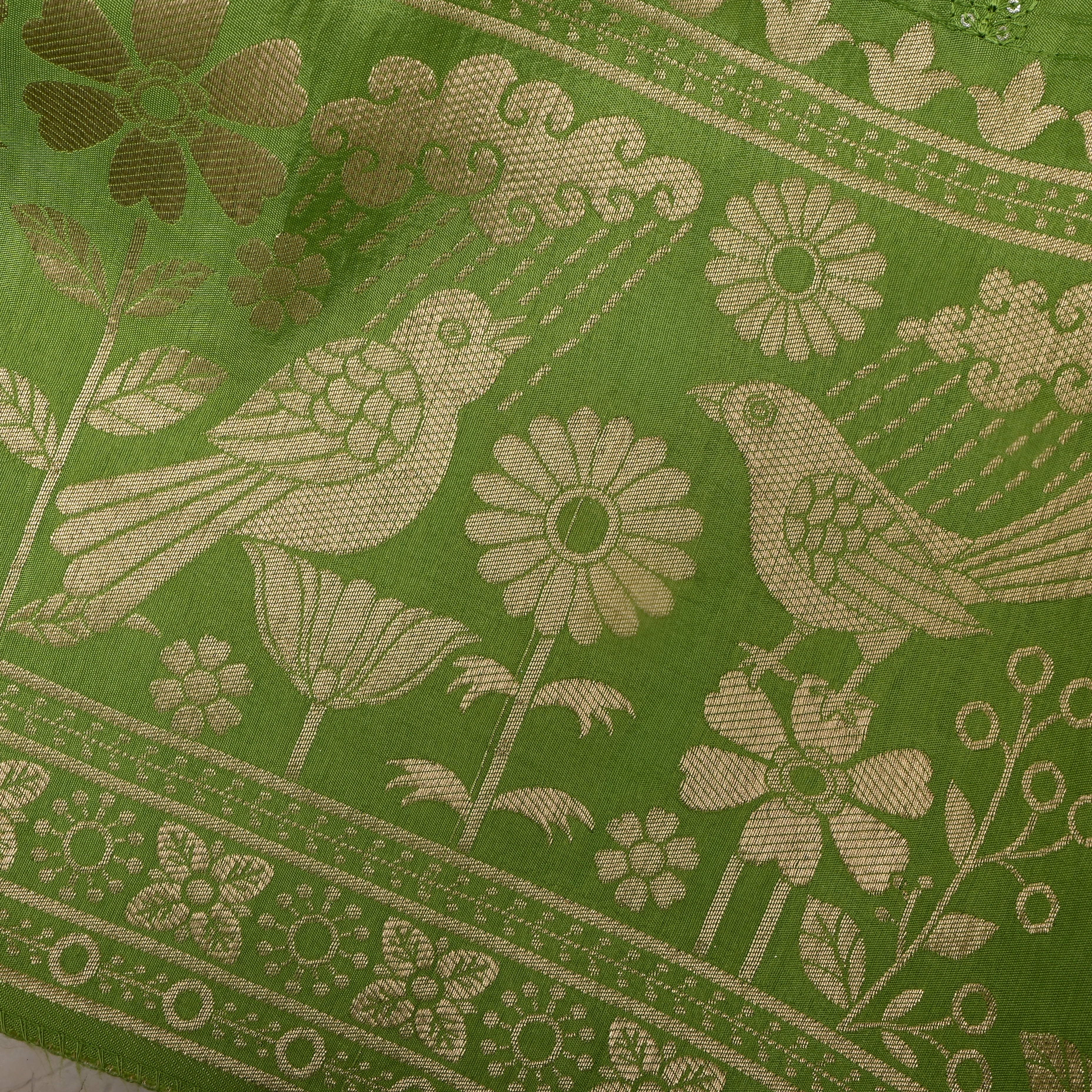 Kelly Green Floral Embroidered Silk Fabric