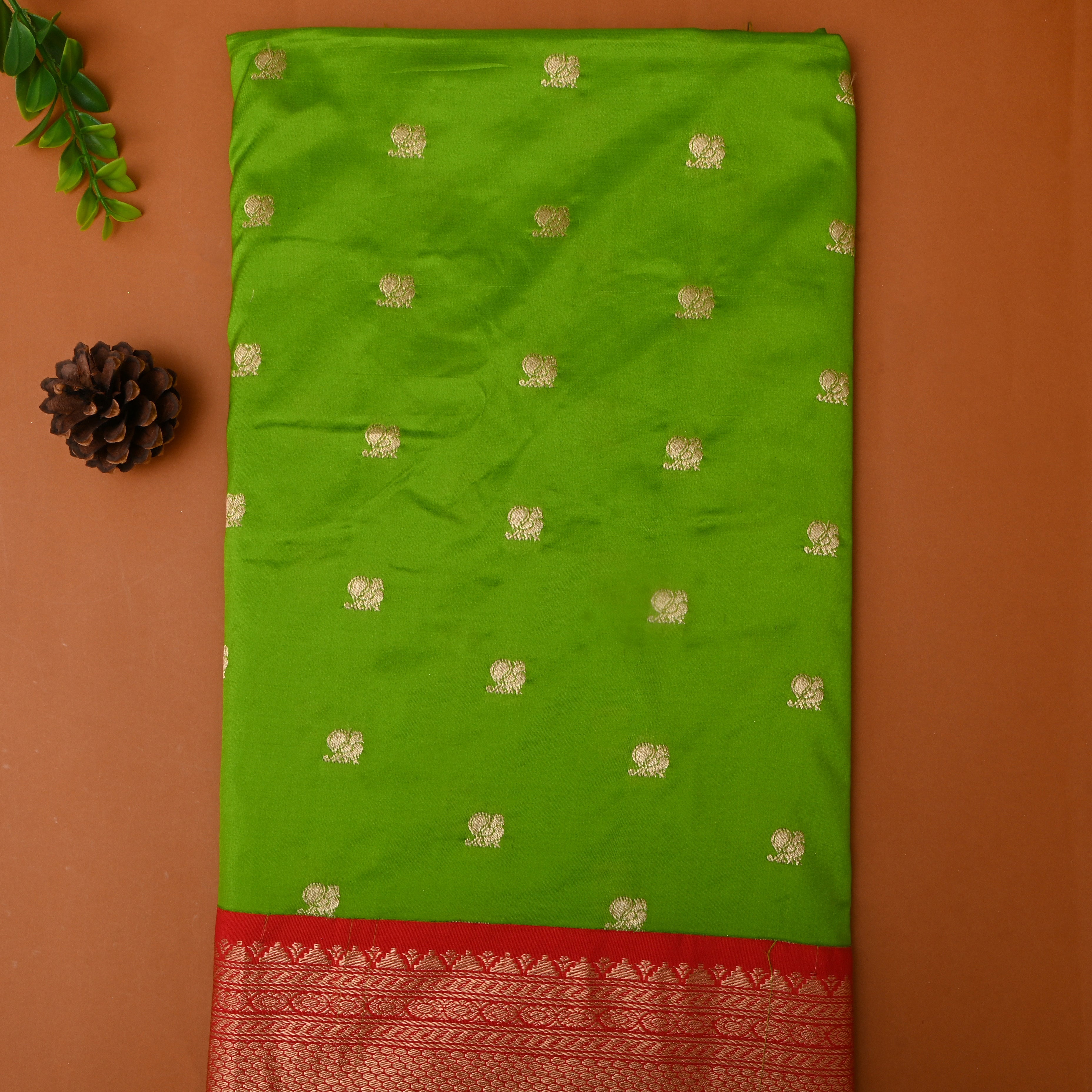 Kelly Green Floral Silk Fabric With Contrast Border