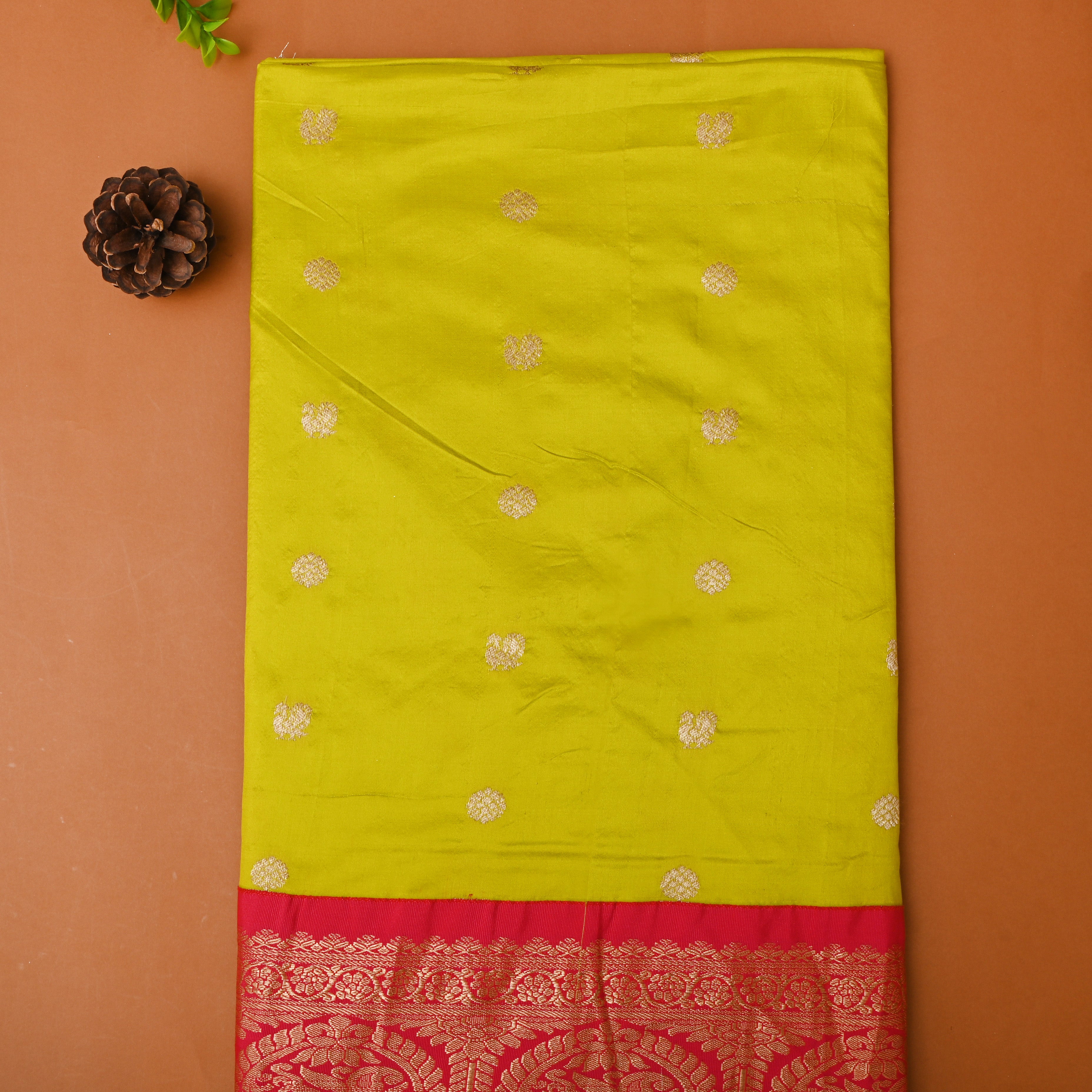 Lime Green Golden Zari Kanjivaram Silk Fabric