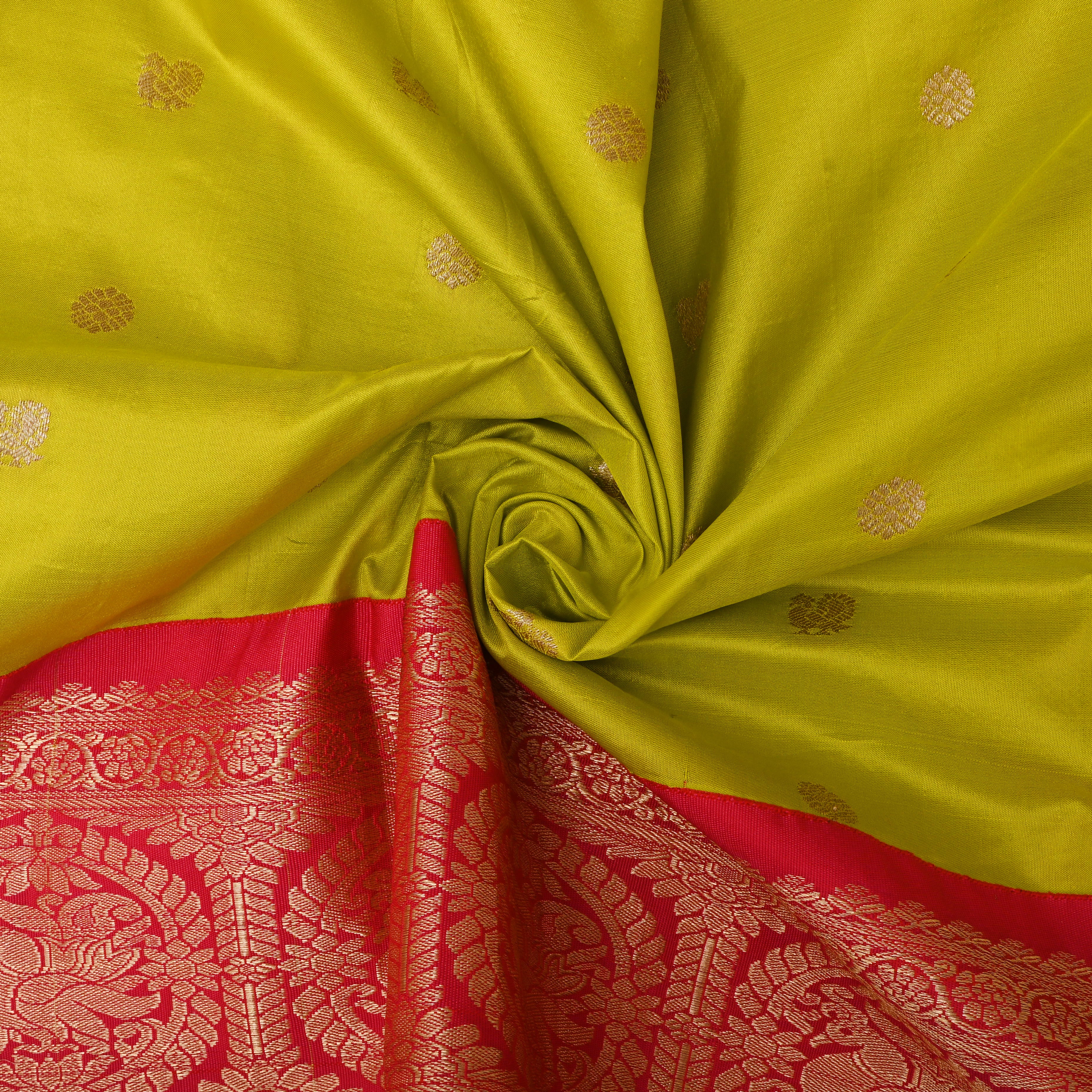Lime Green Golden Zari Kanjivaram Silk Fabric