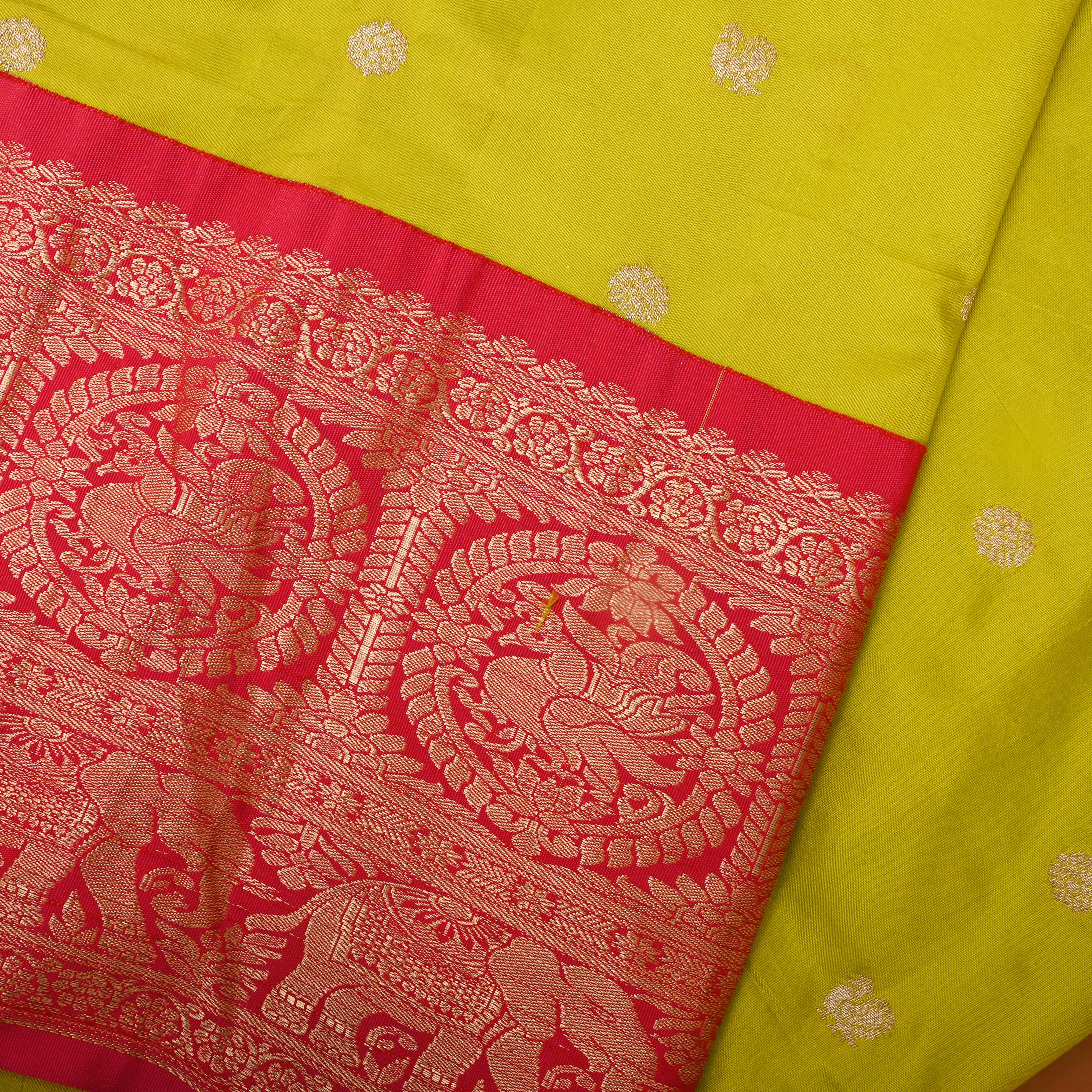 Lime Green Golden Zari Kanjivaram Silk Fabric
