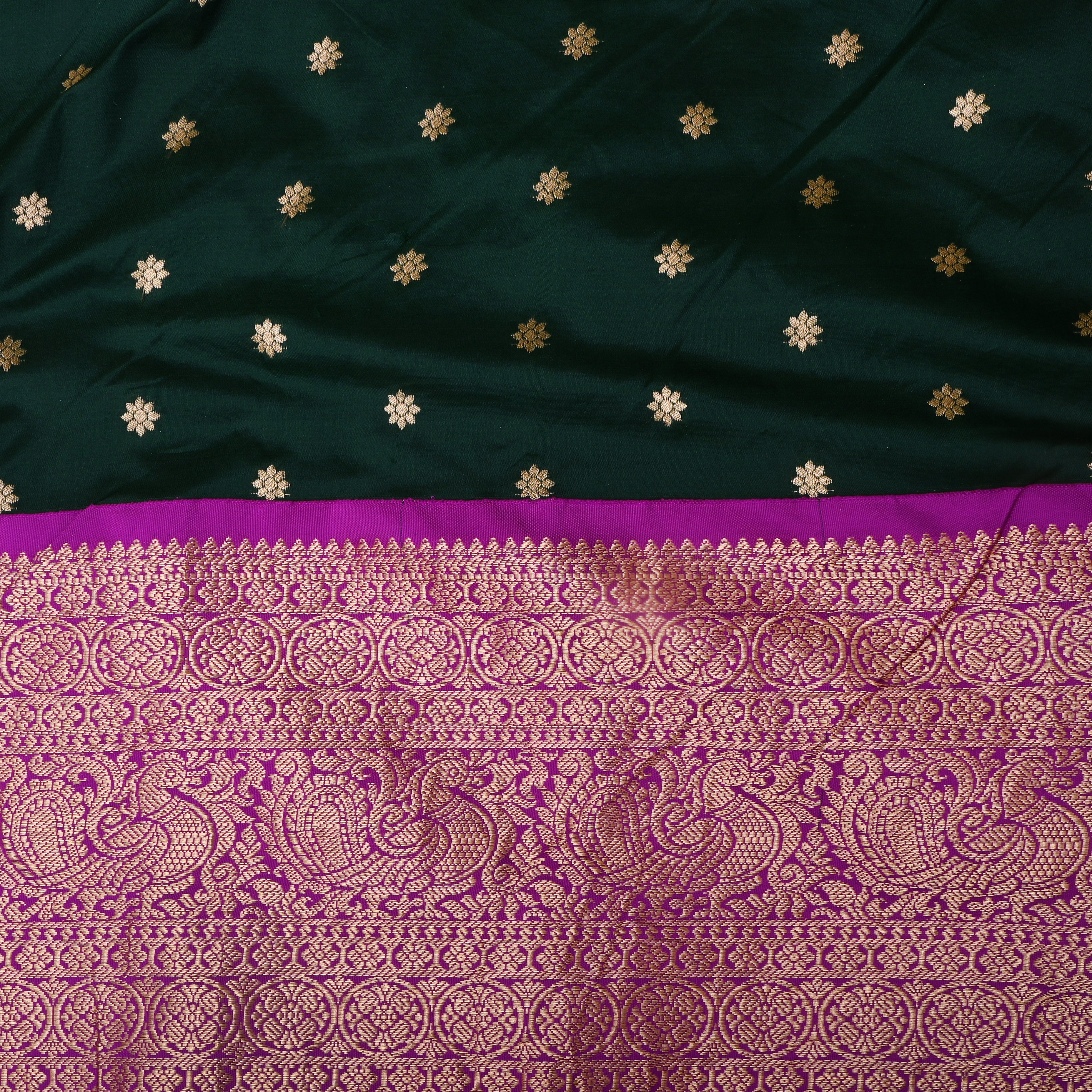 Bottle Green Floral Silk Fabric With Contrast Border