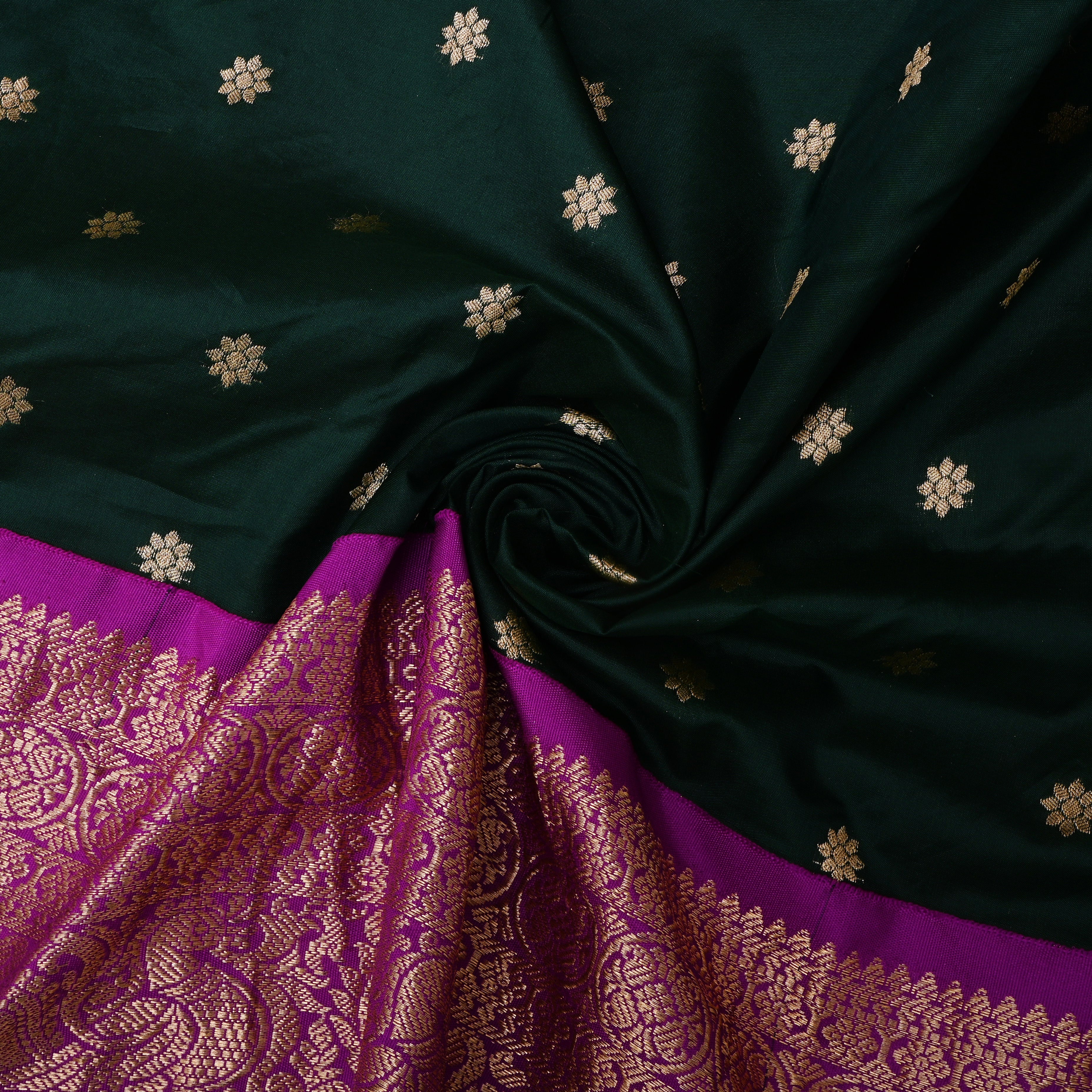 Bottle Green Floral Silk Fabric With Contrast Border