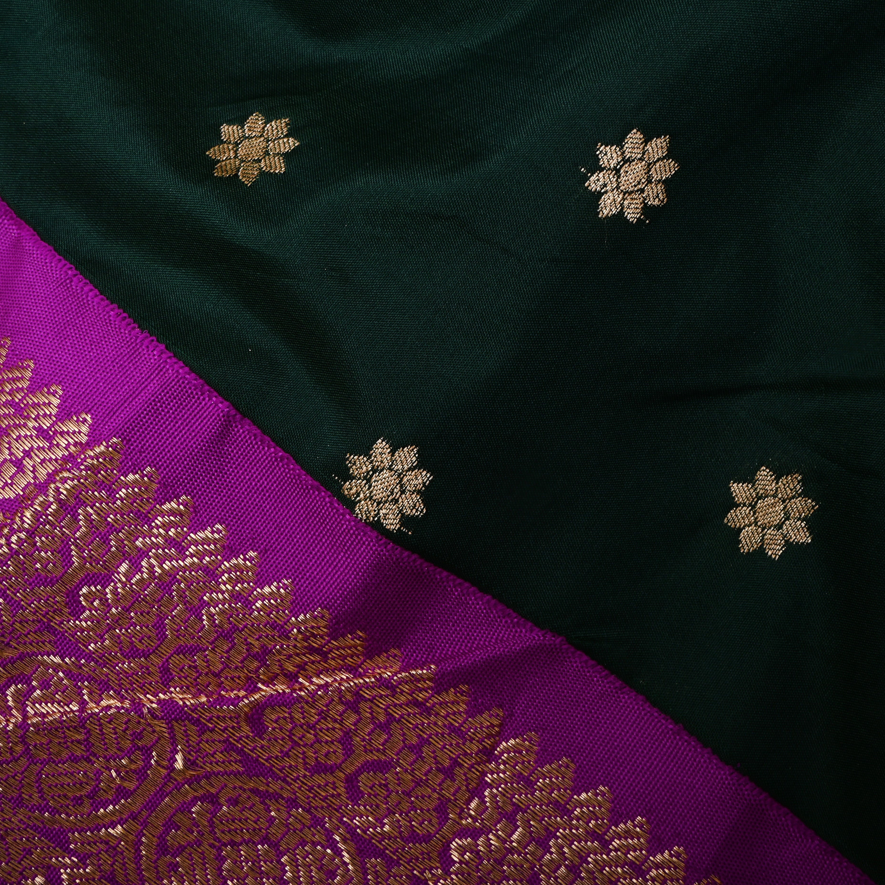 Bottle Green Floral Silk Fabric With Contrast Border