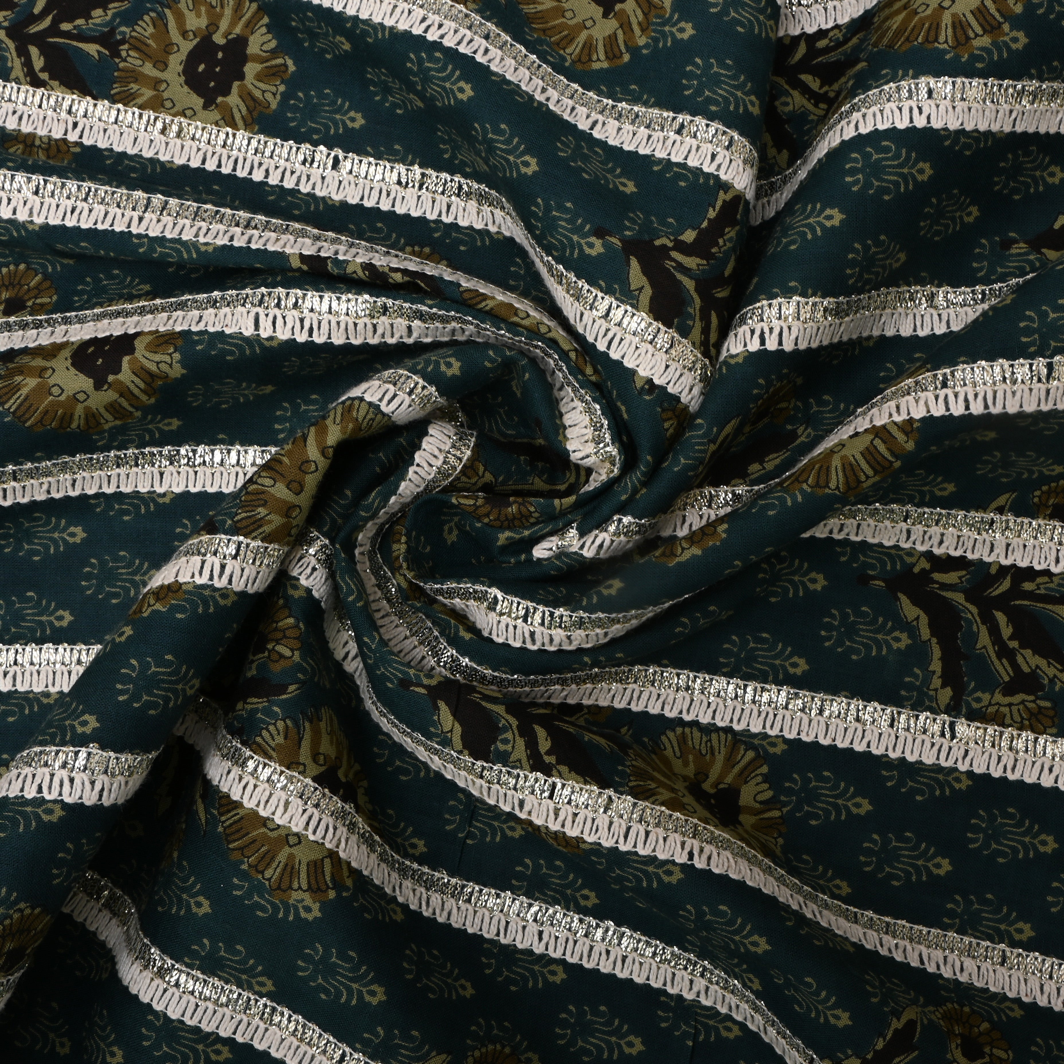 Dark Pine Green Floral Printed Cotton Fabric