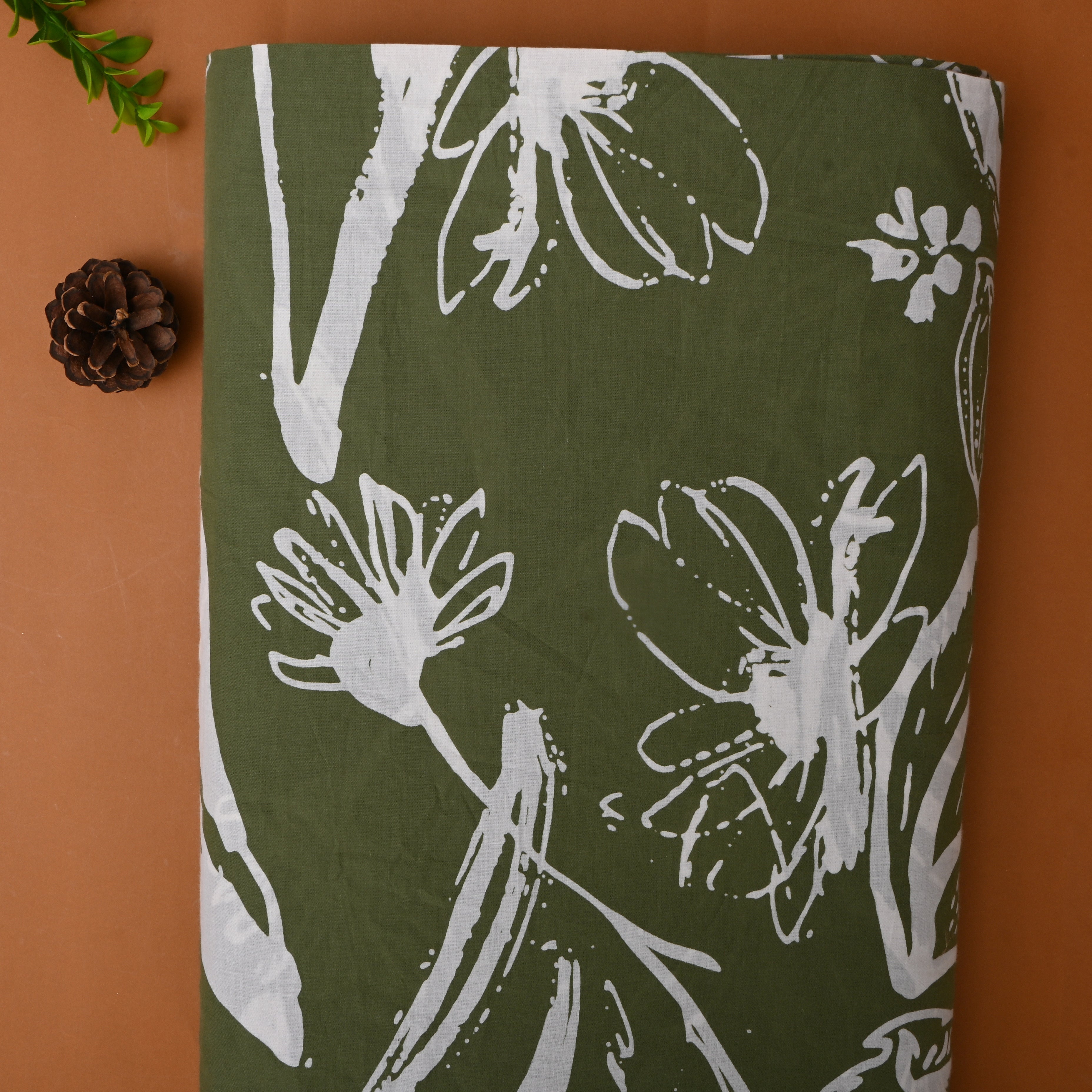 Muted Green Printed Floral Cotton Fabric