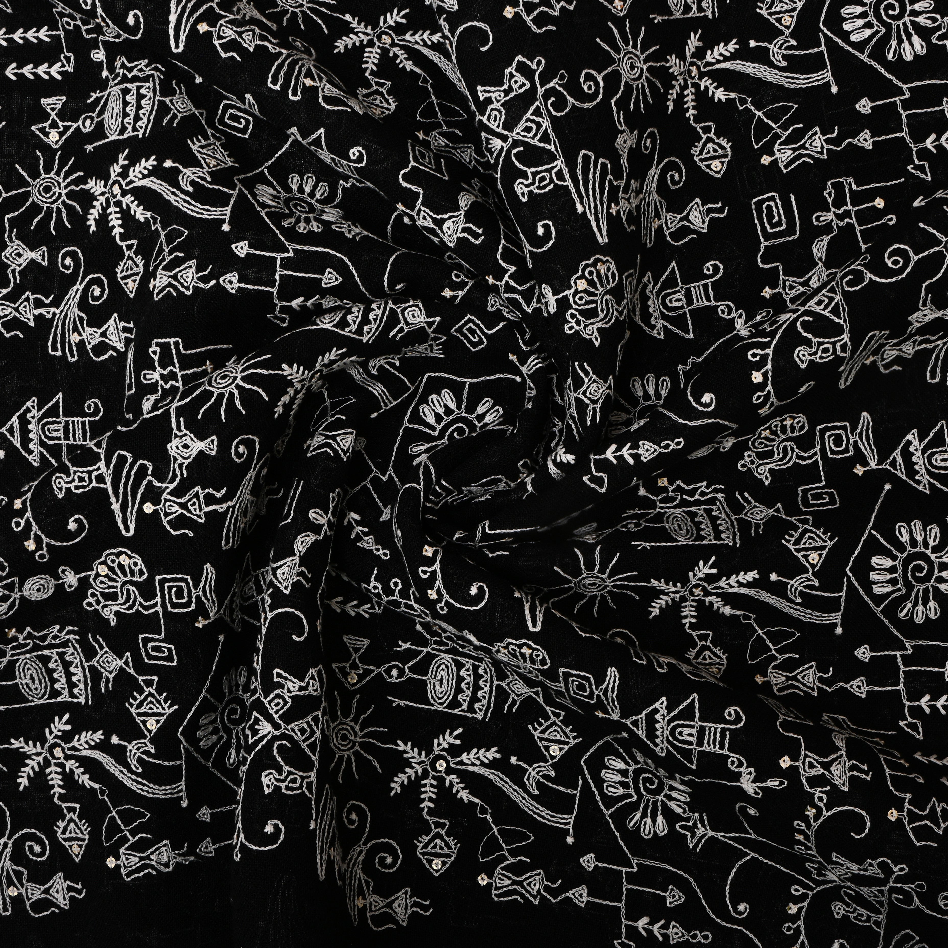 Black Thread Embroidered Linen Fabric