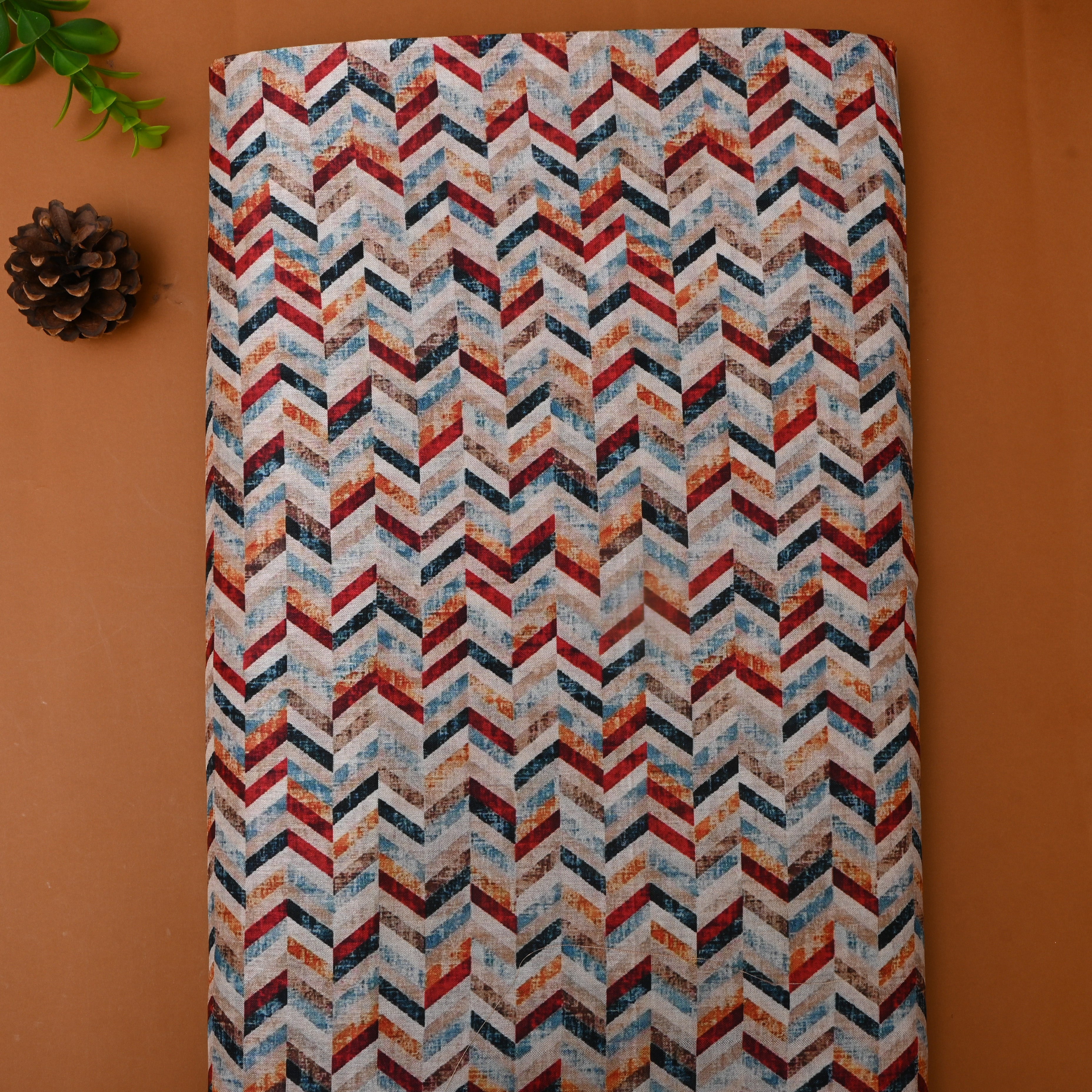 Multi Color Chevron Pattern Printed Tussar Fabric