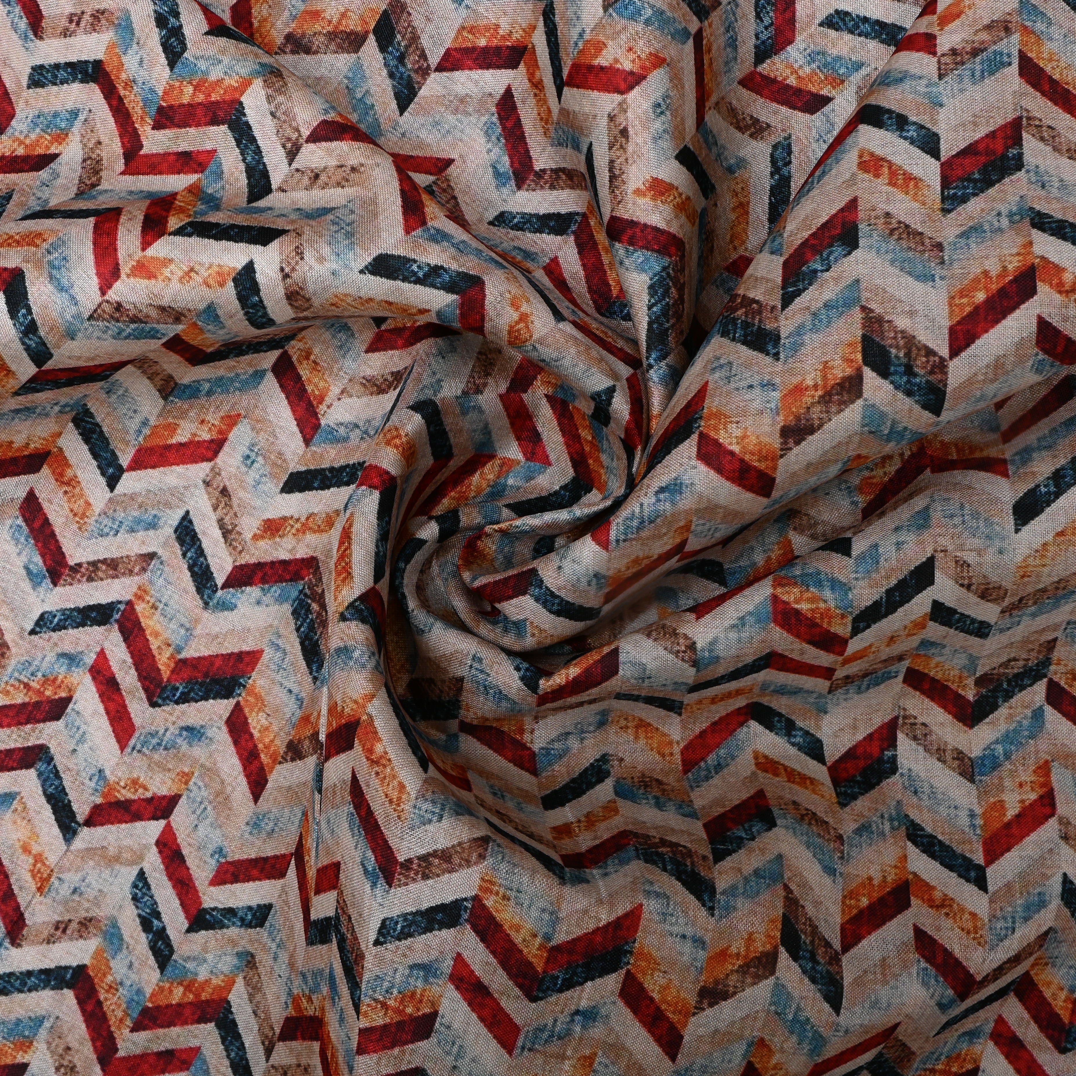 Multi Color Chevron Pattern Printed Tussar Fabric