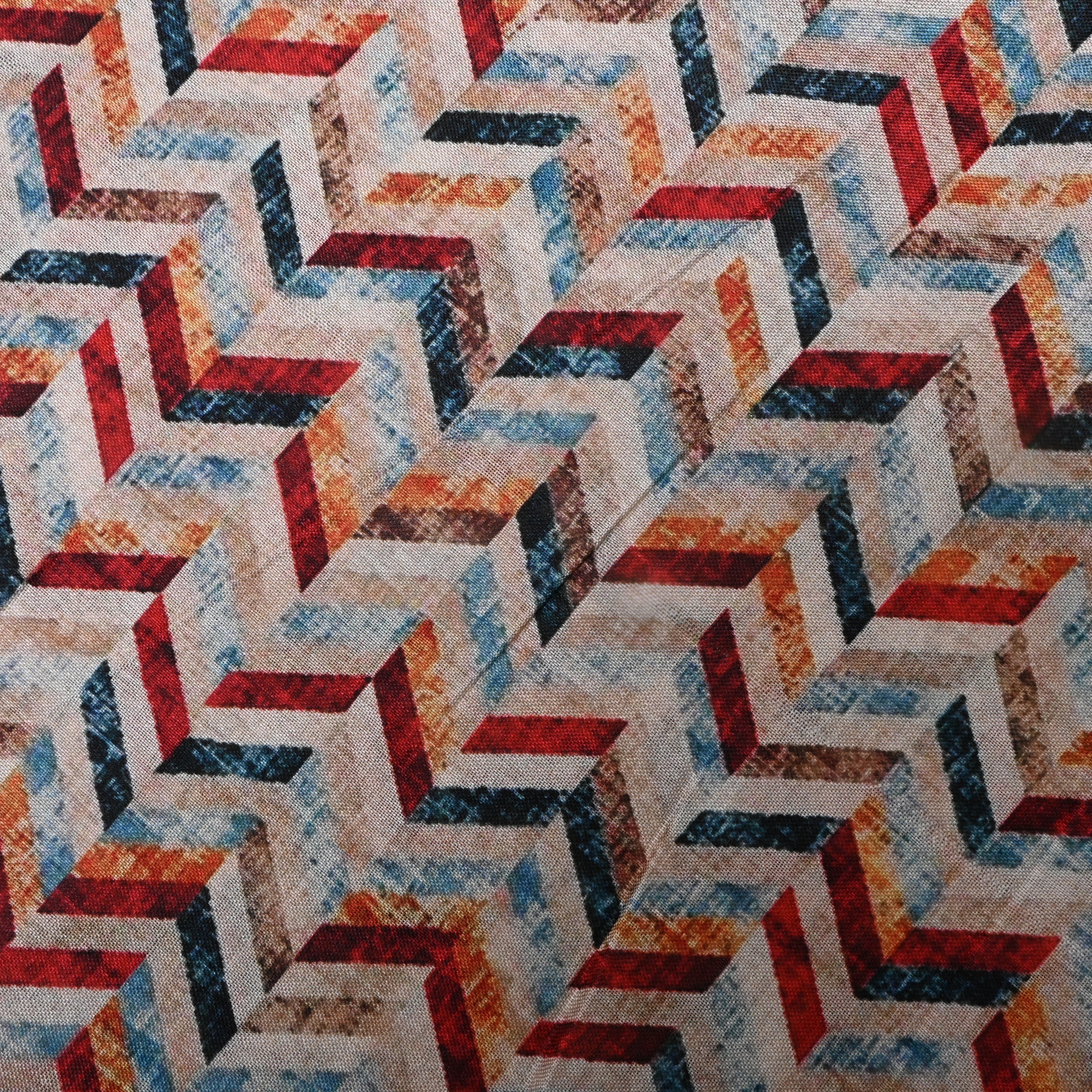 Multi Color Chevron Pattern Printed Tussar Fabric