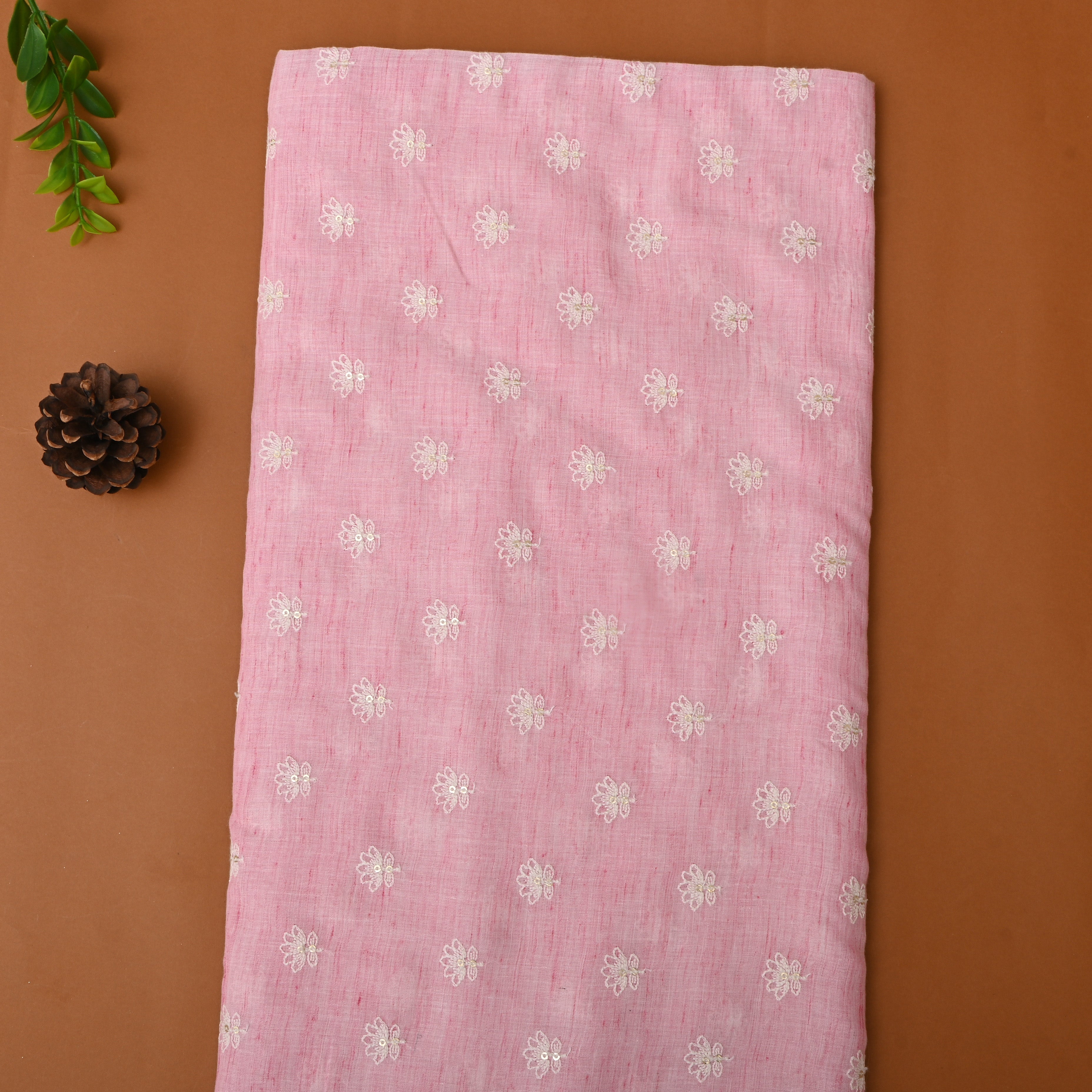 Soft Pink Floral Thread Embroidered Cotton Fabric