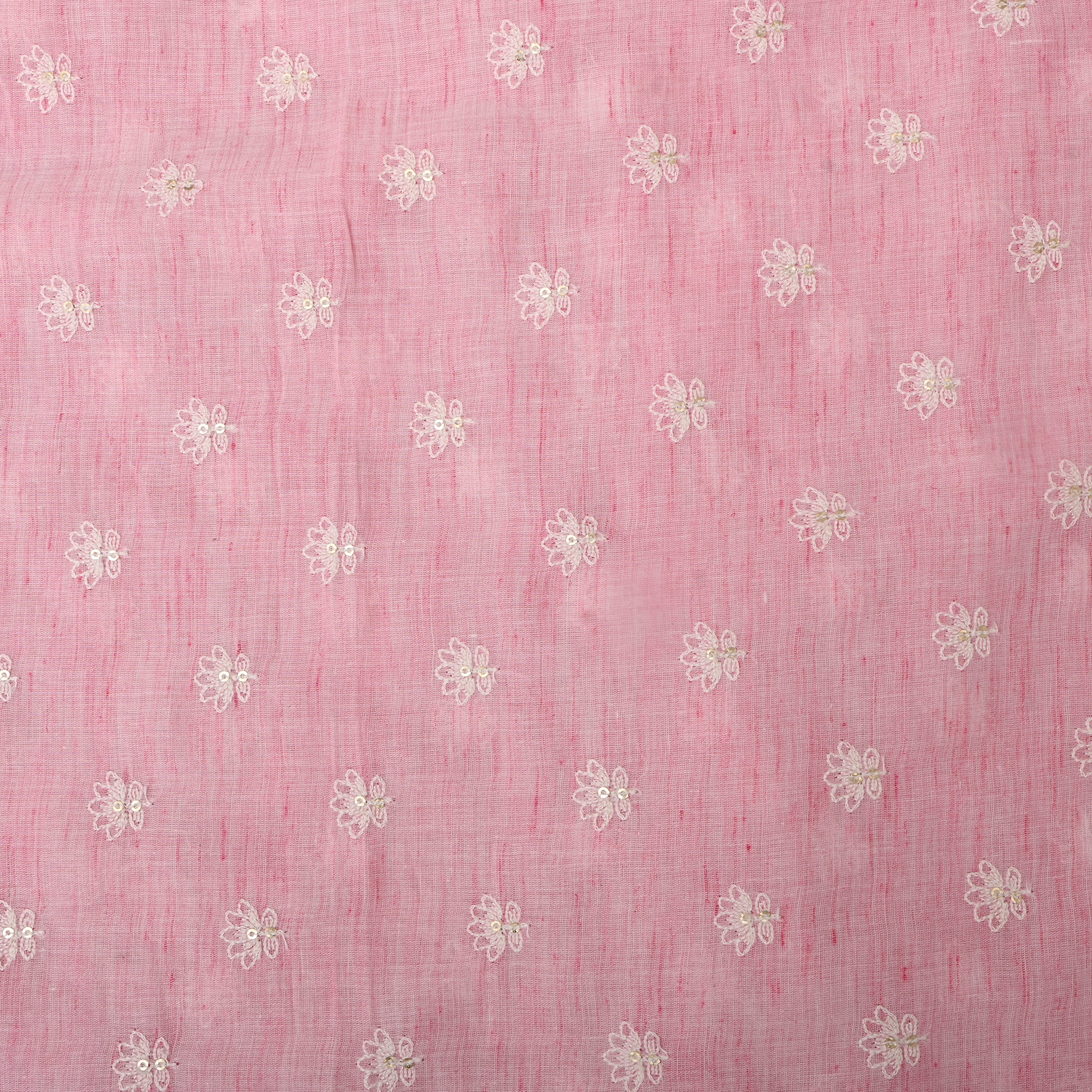 Soft Pink Floral Thread Embroidered Cotton Fabric
