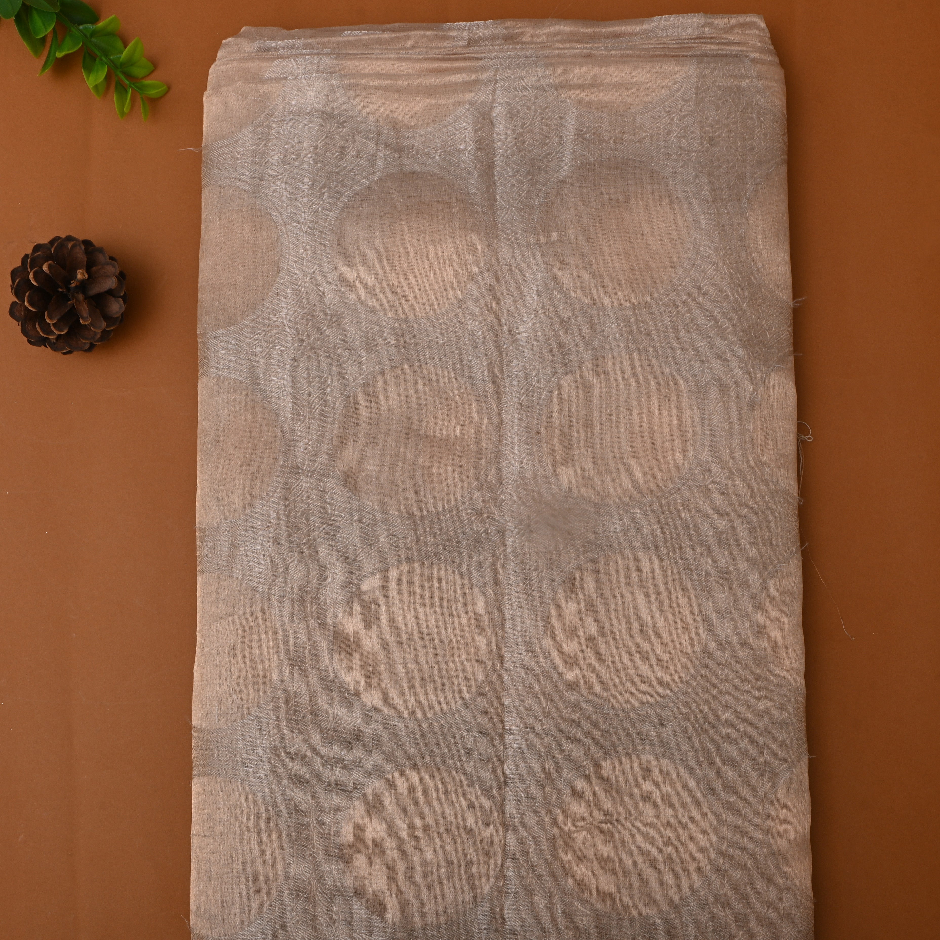 Silver Zari Woven Silk Fabric With Big Gold Buttis