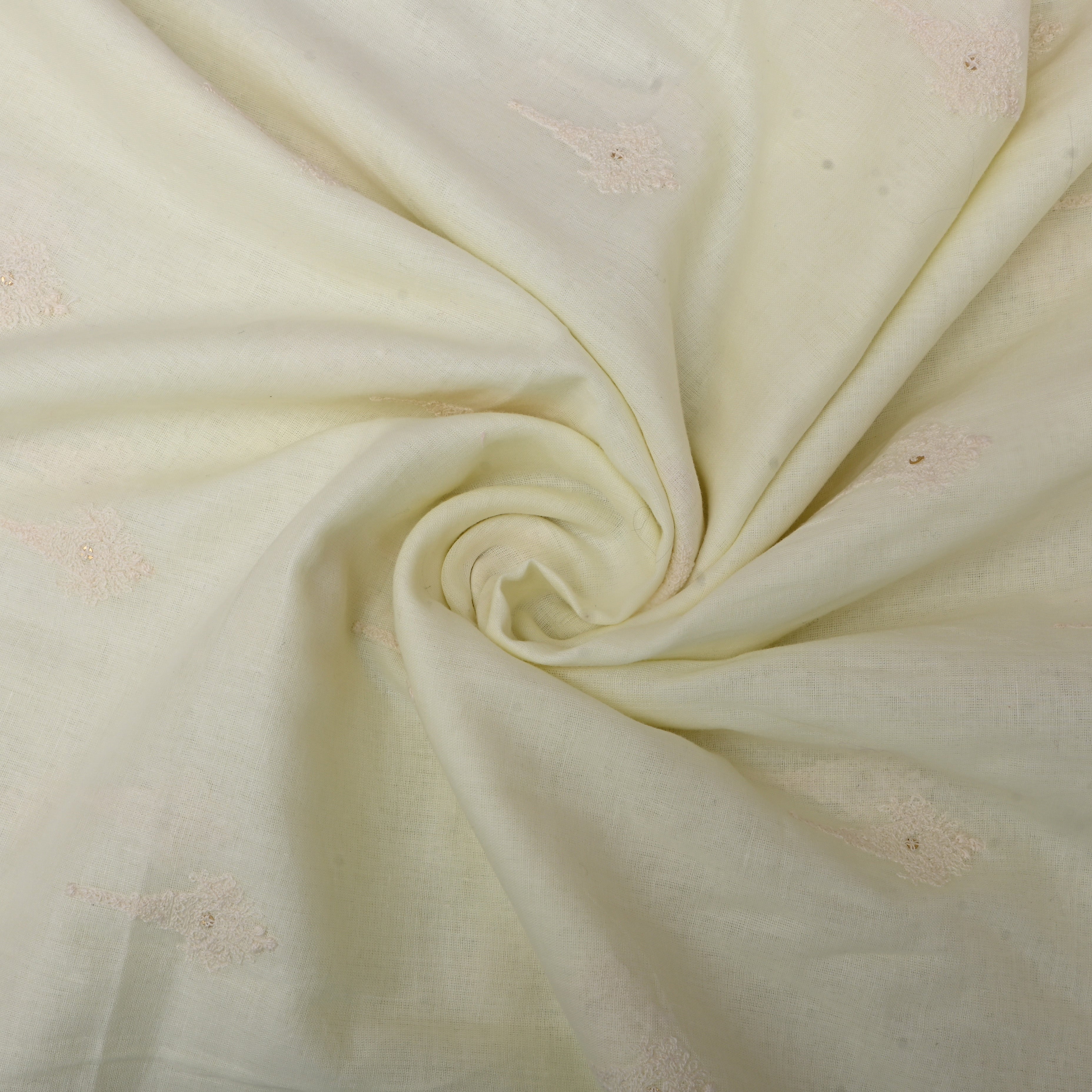 White Floral Thread Embroidered Cotton Fabric