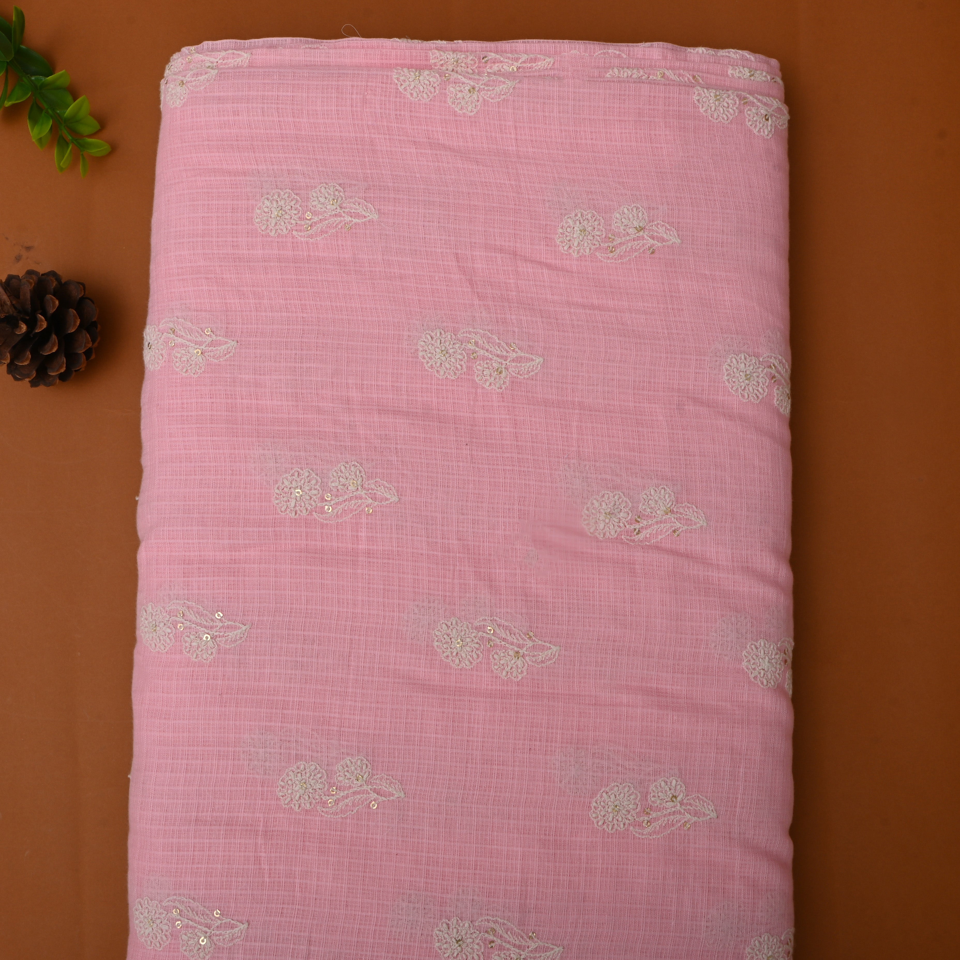 Soft Pink Floral Thread Embroidered Kota Fabric