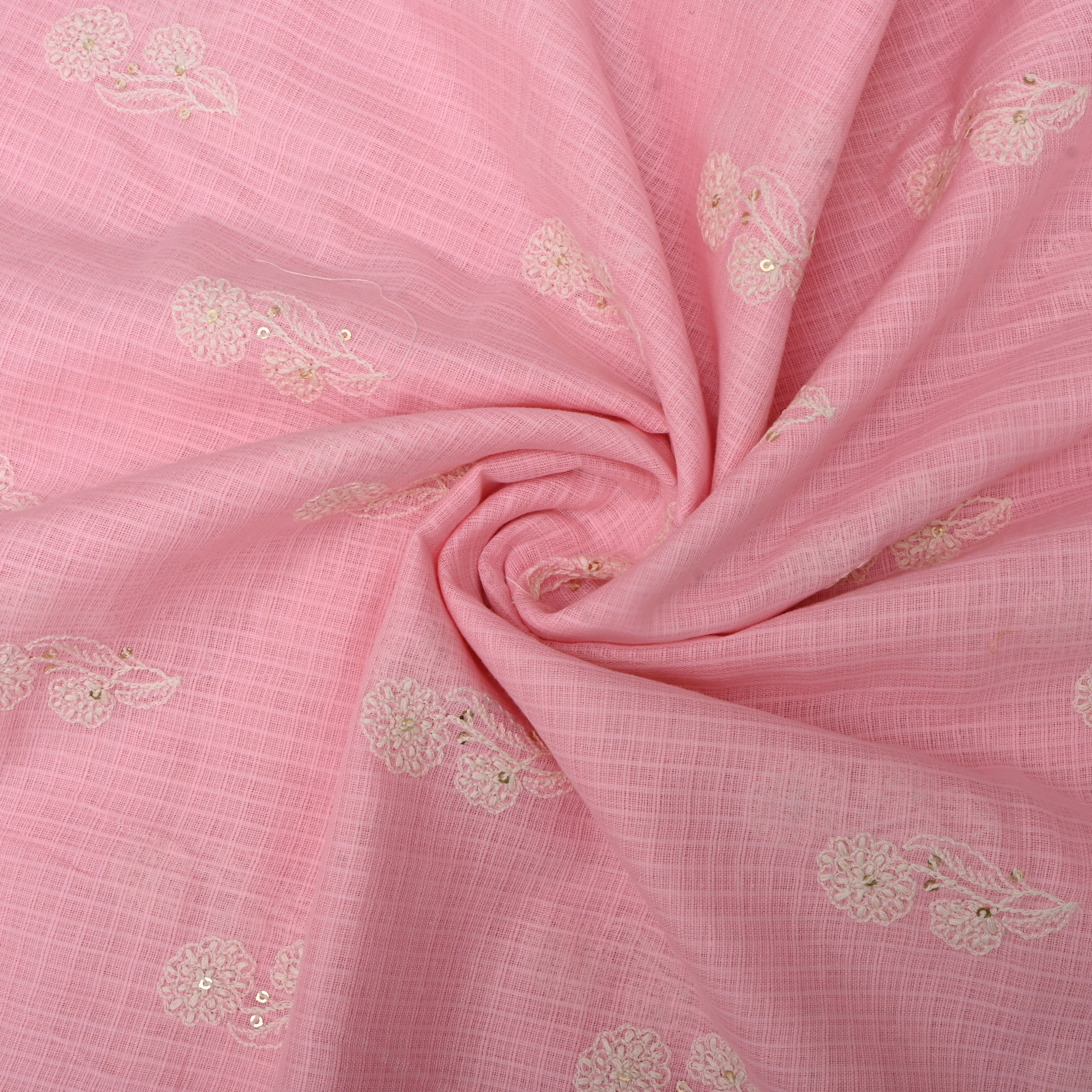 Soft Pink Floral Thread Embroidered Kota Fabric