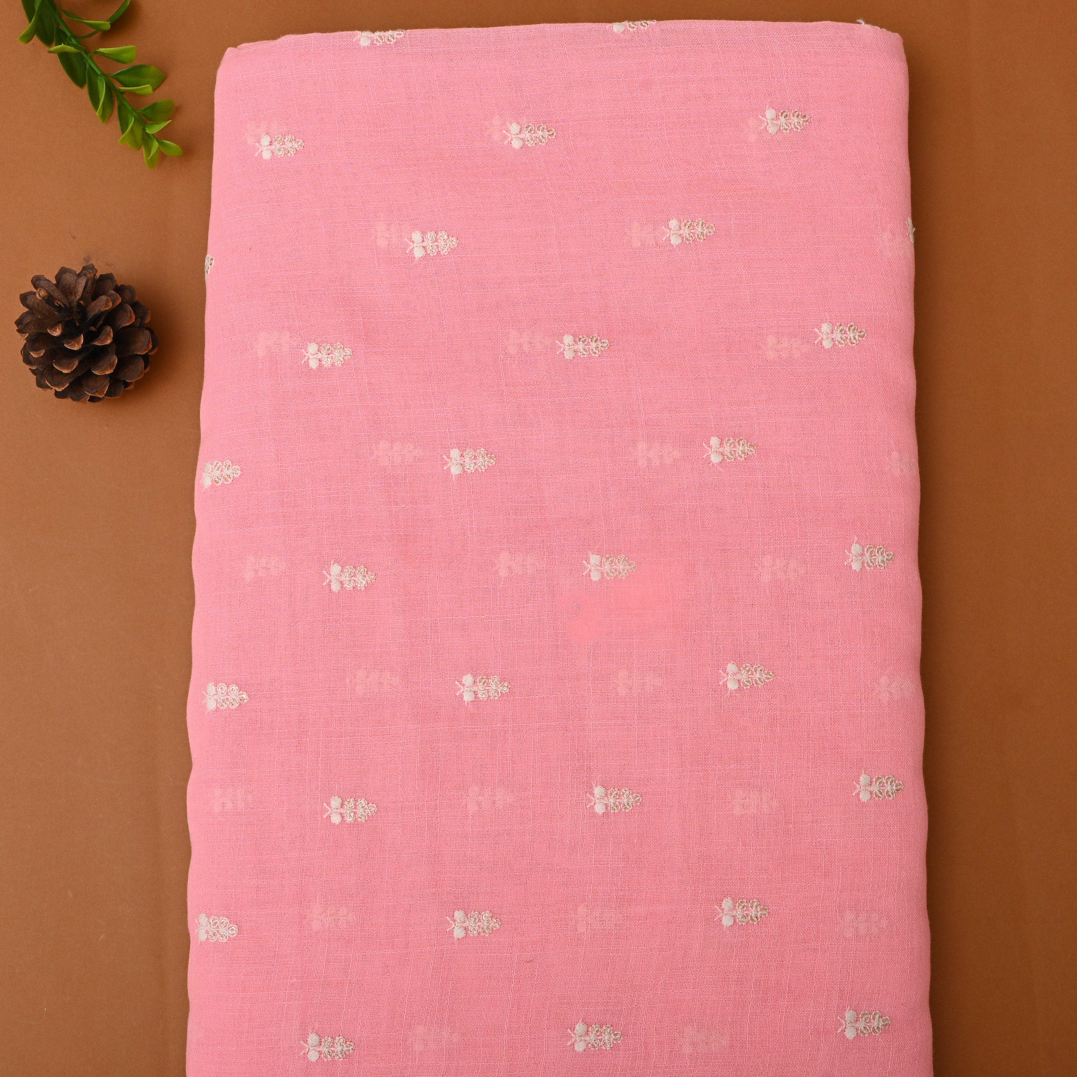 Soft Pink Floral Embroidered Linen Fabric
