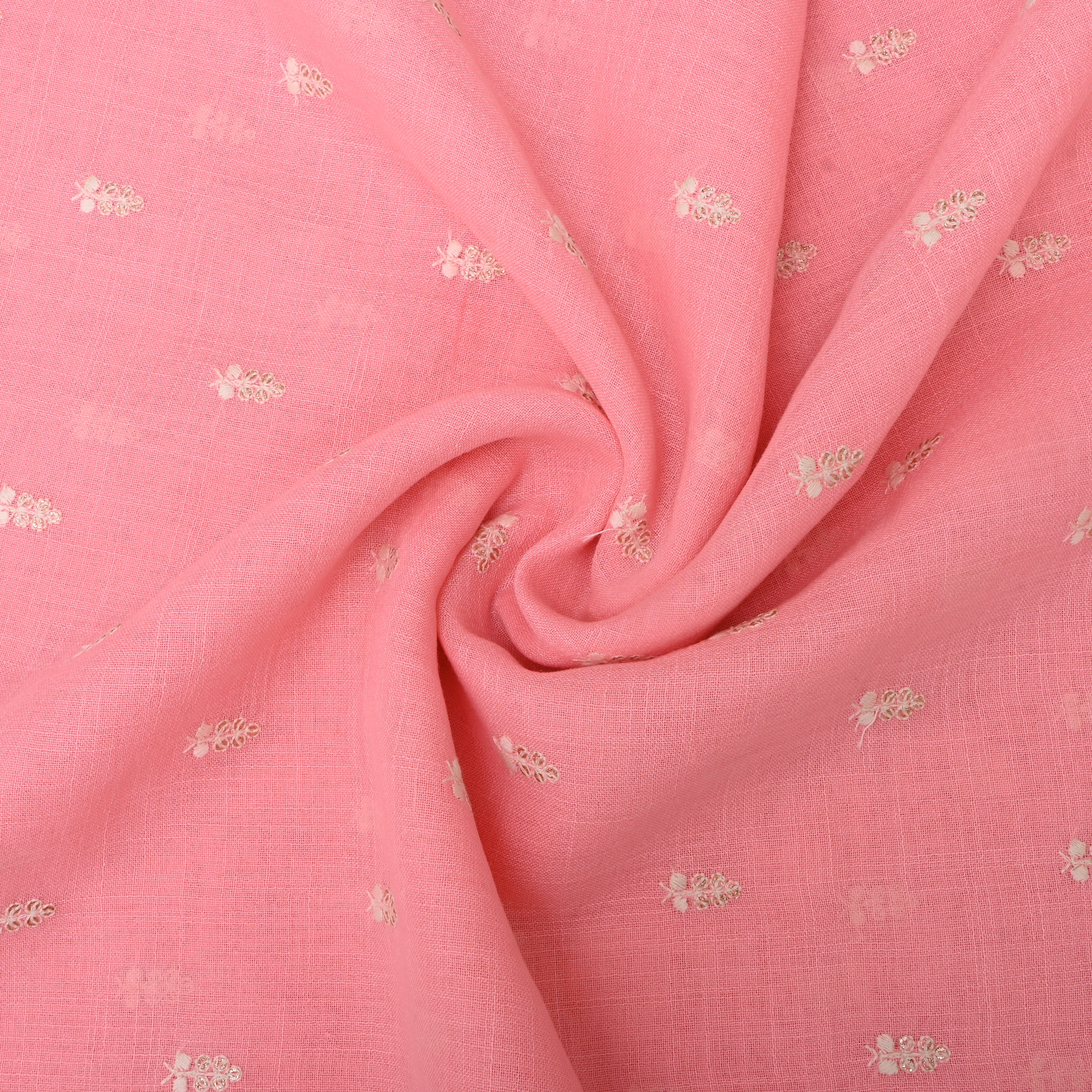 Soft Pink Floral Embroidered Linen Fabric
