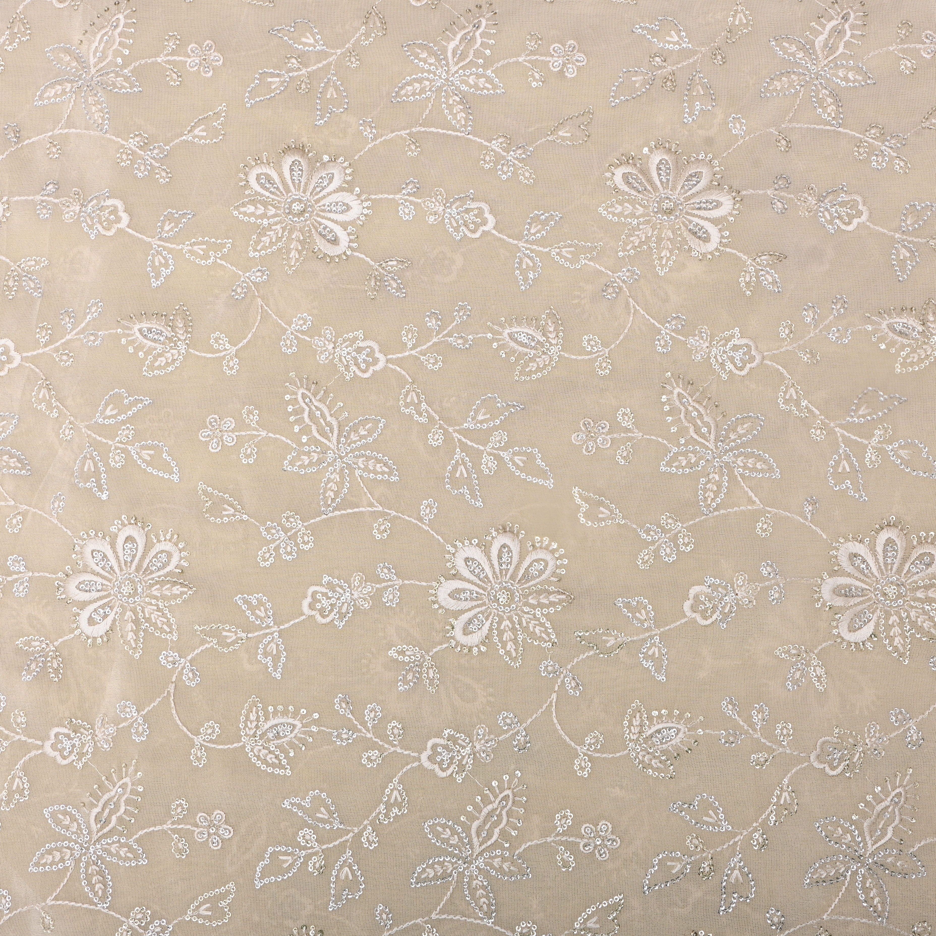 Pastel Beige Floral Embroidered Tissue Fabric