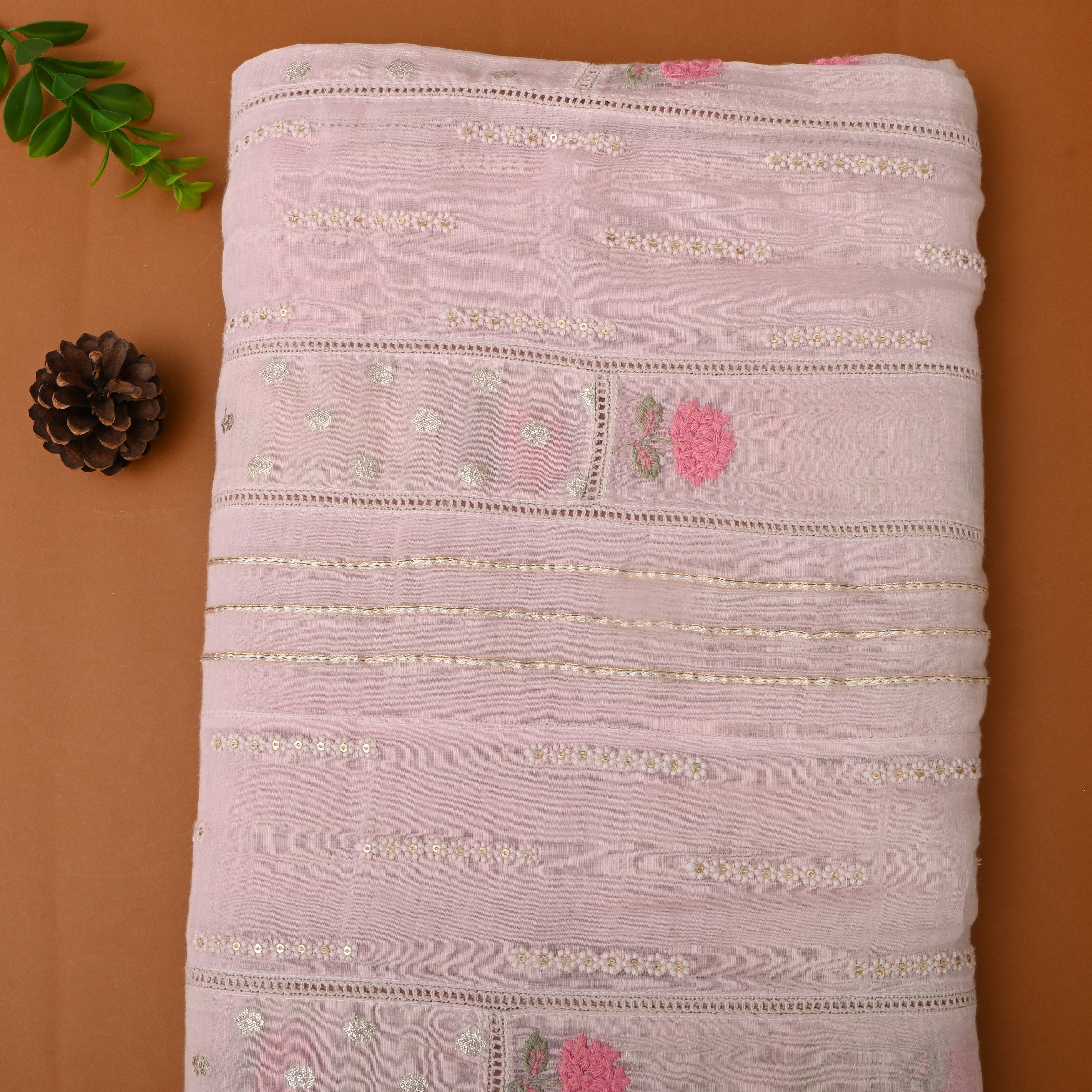 Soft Pink Floral Embroidered Chanderi Fabric