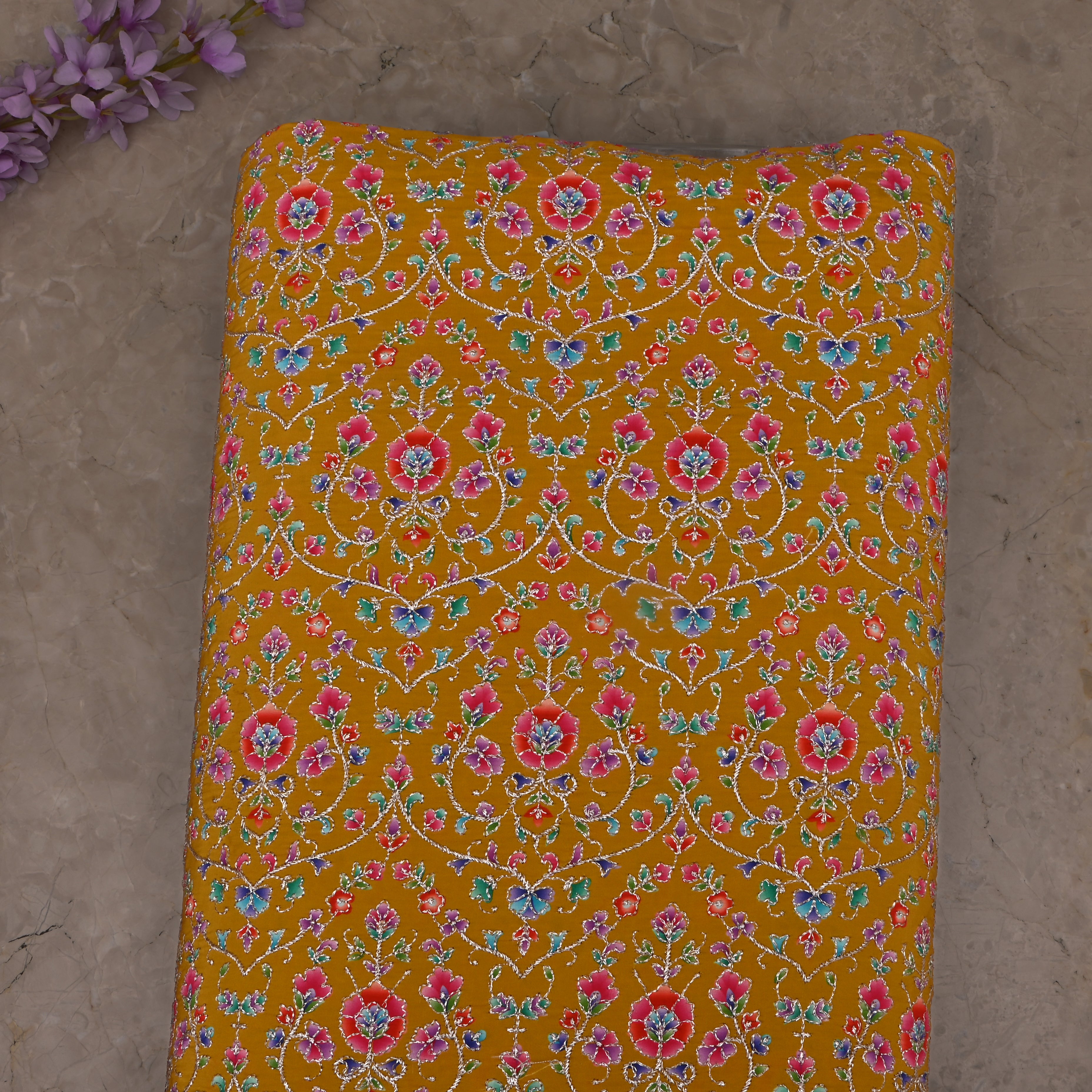 Gamboge Yellow Organza Fabric With Embroidery