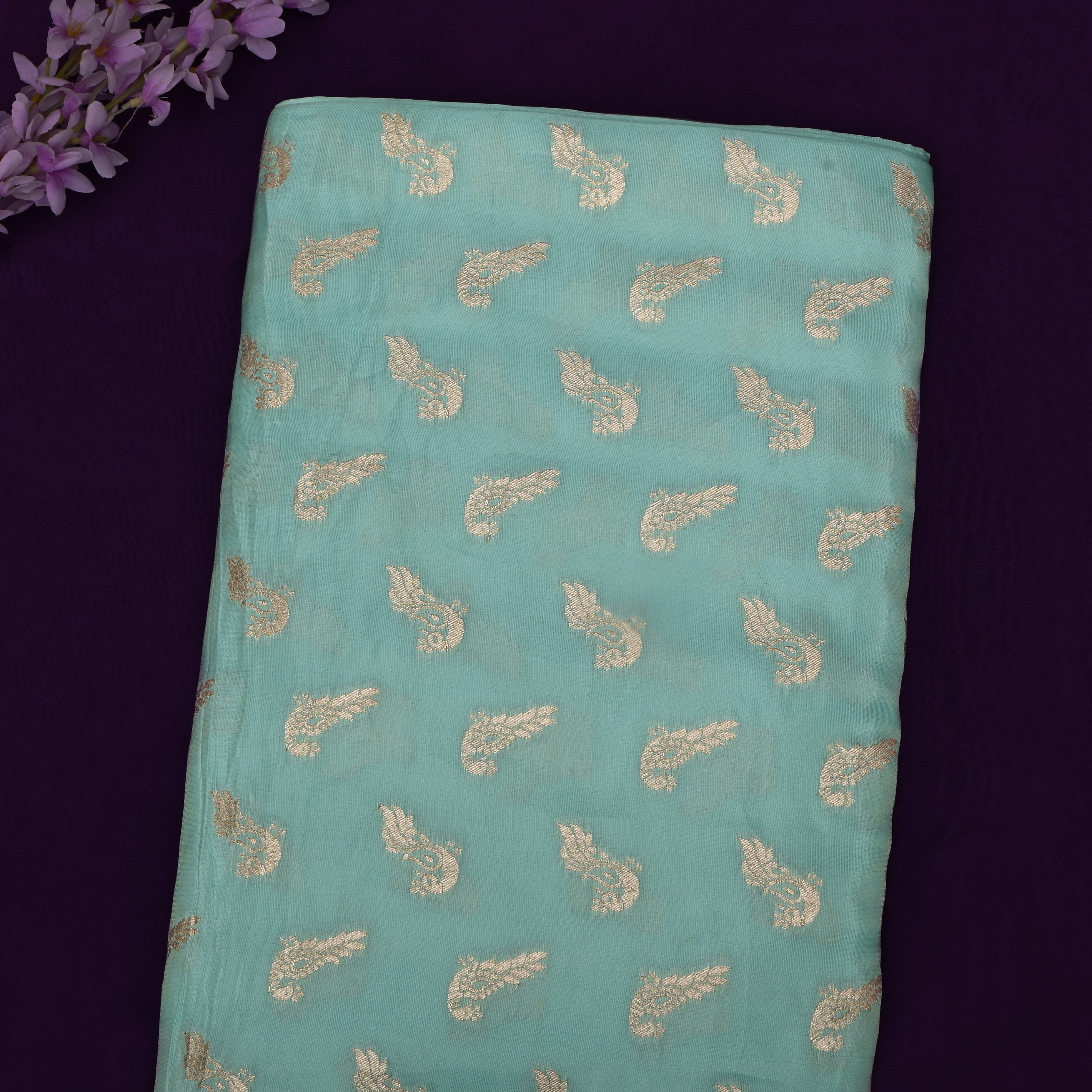 Celeste Blue Jamawar Tissue Fabric With Avian Weaving