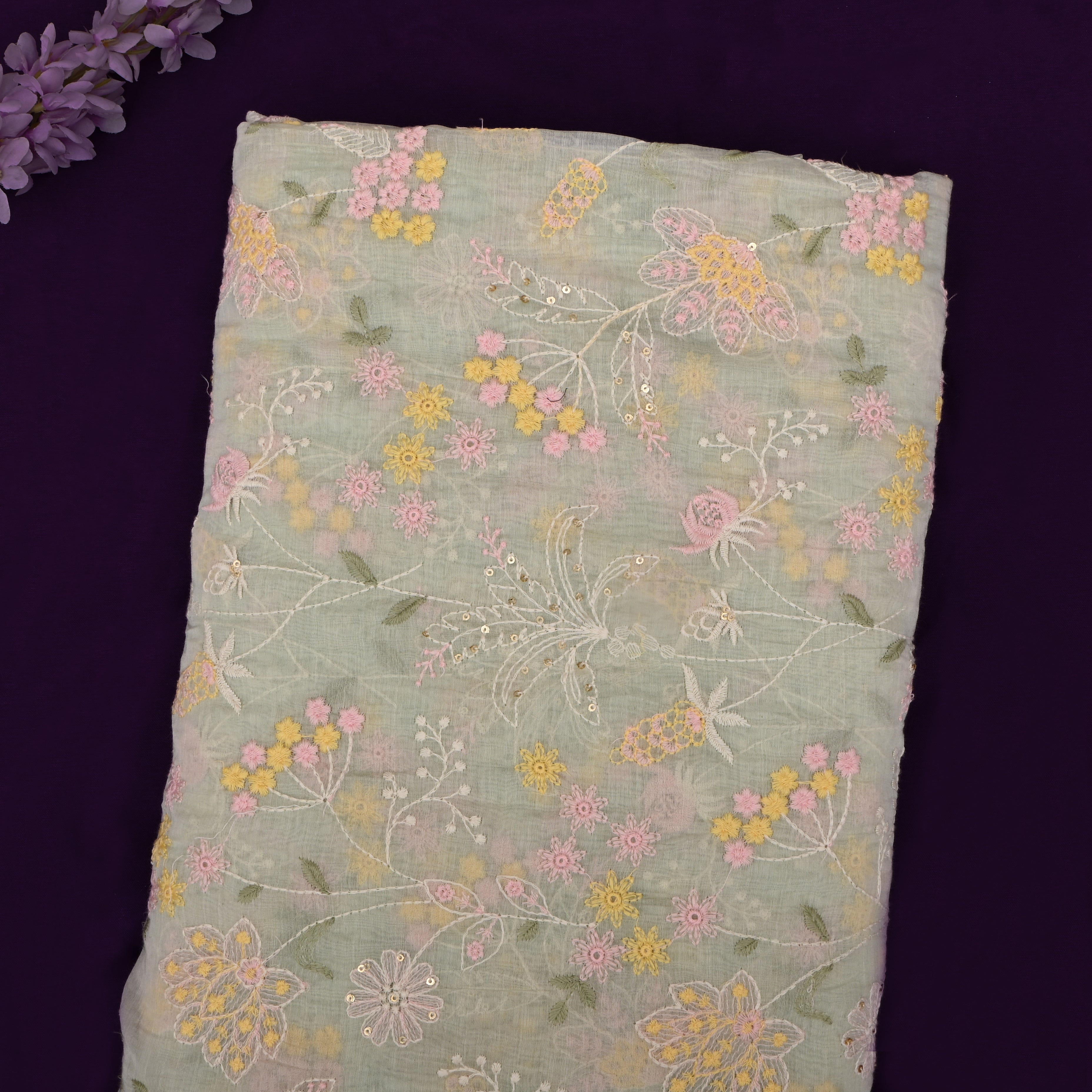 Pista Green Mul Chanderi Fabric With Embroidery