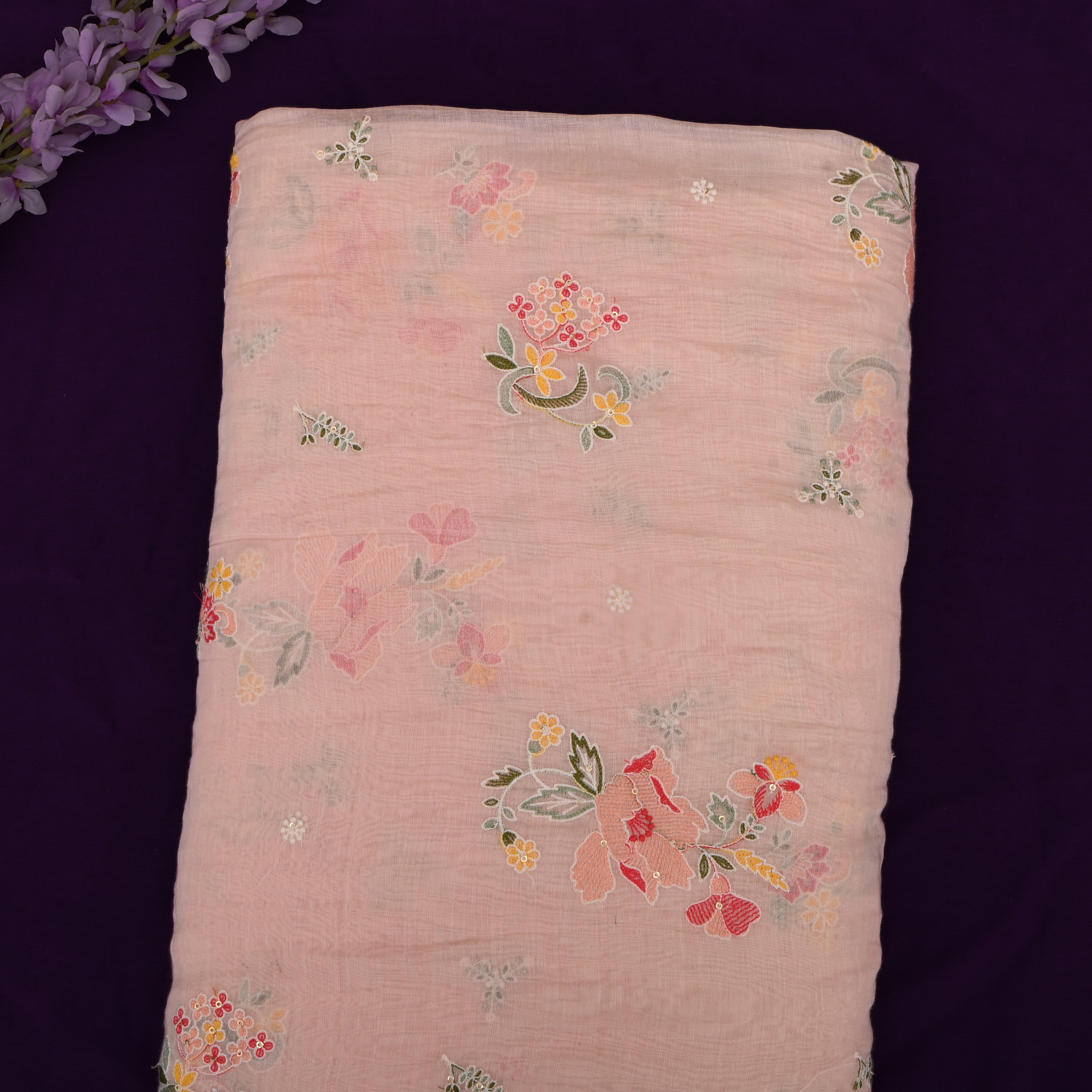 Soft Salmon Pink Chanderi Fabric With Embroidery