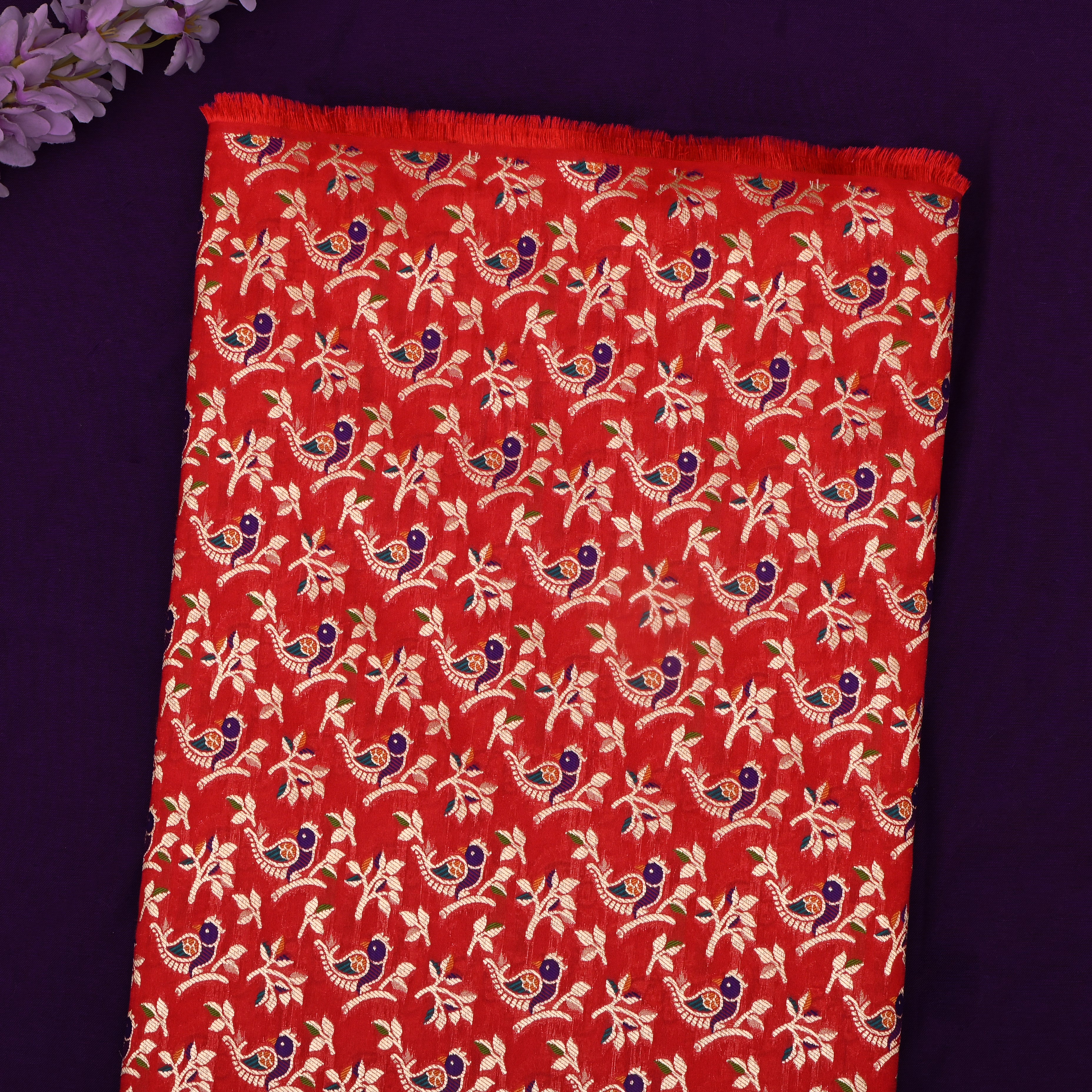 Orange Banaras Fabric With Avian Pattern