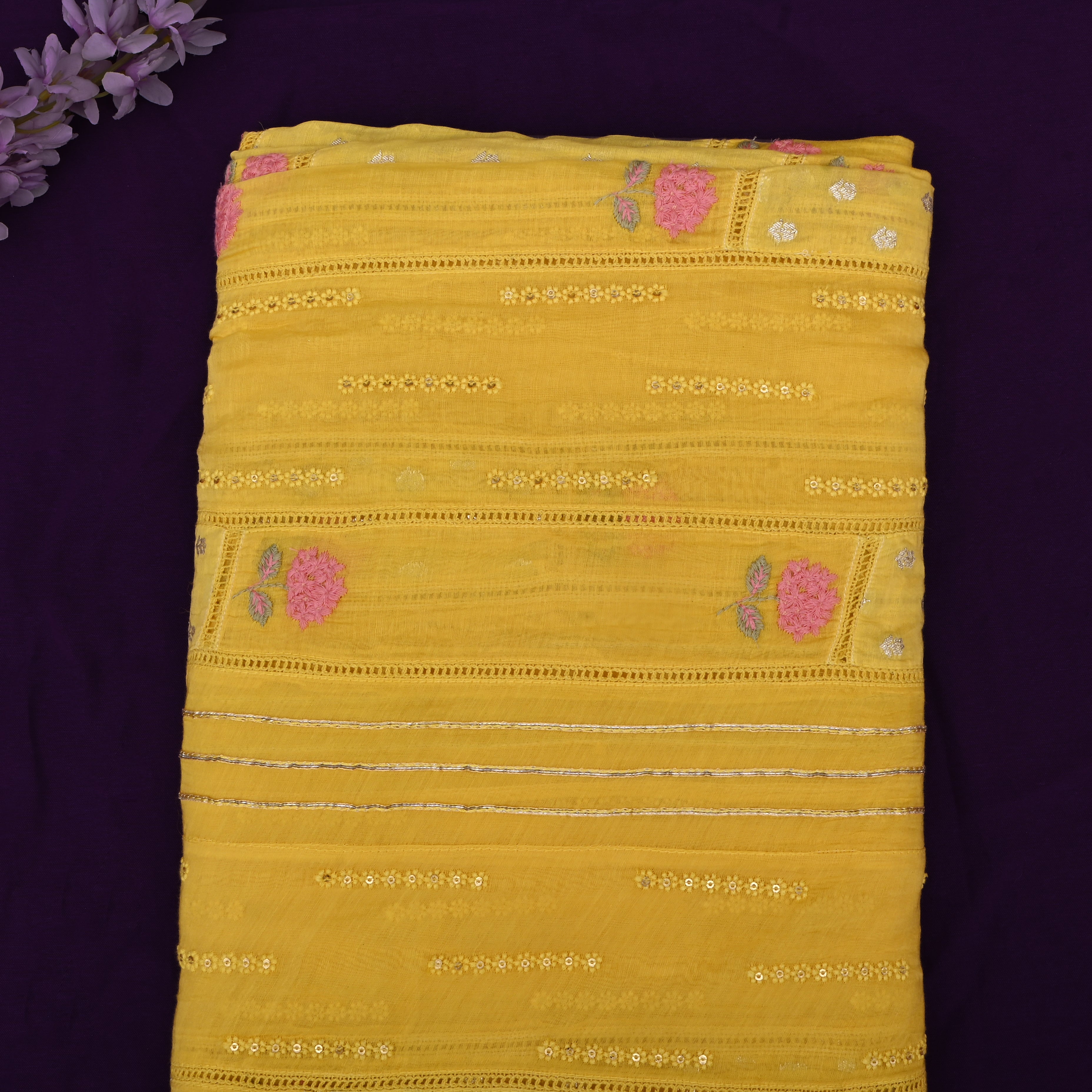 Vibrant Yellow Chanderi Fabric With Embroidery And Weave Work