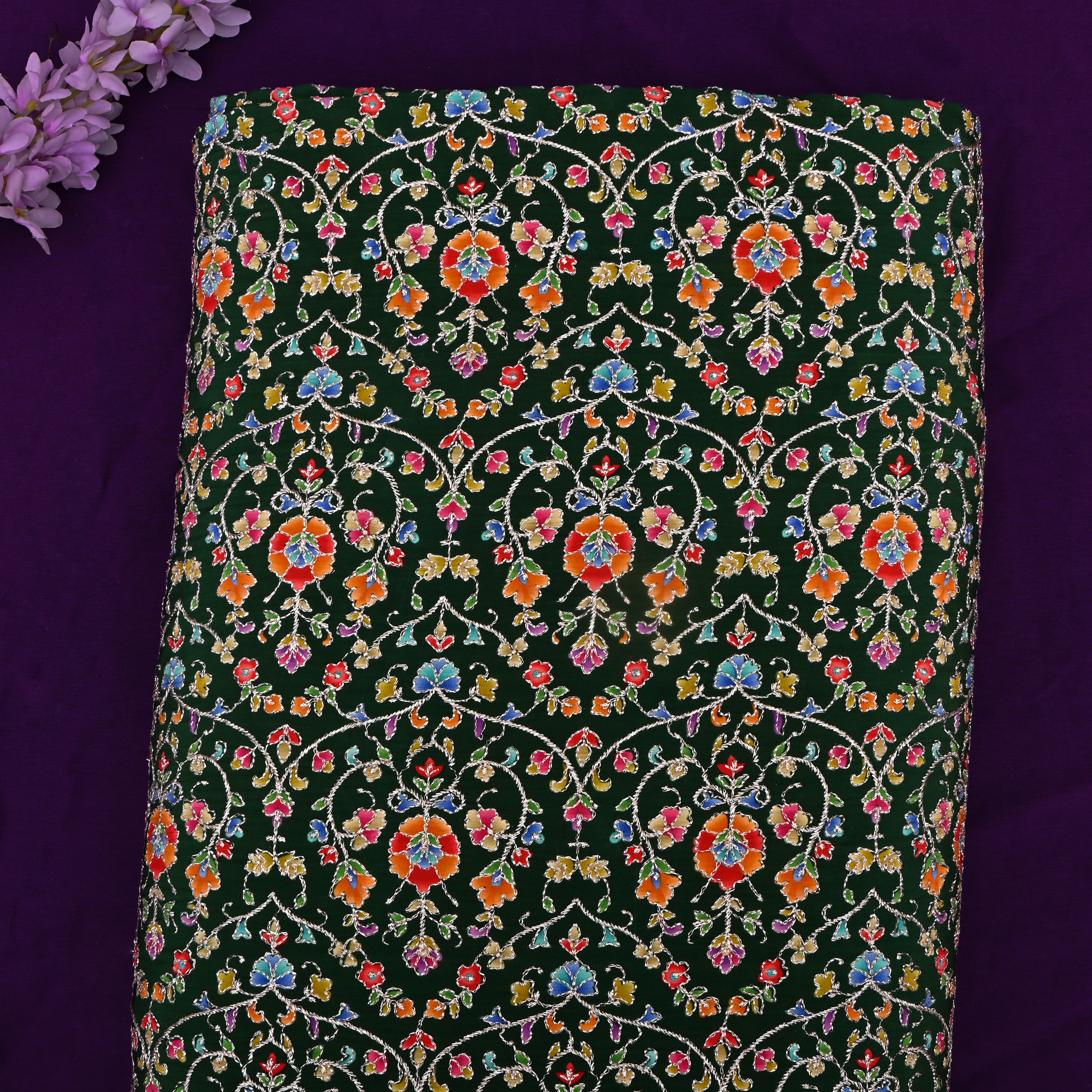 Dark Green Organza Fabric With Embroidery