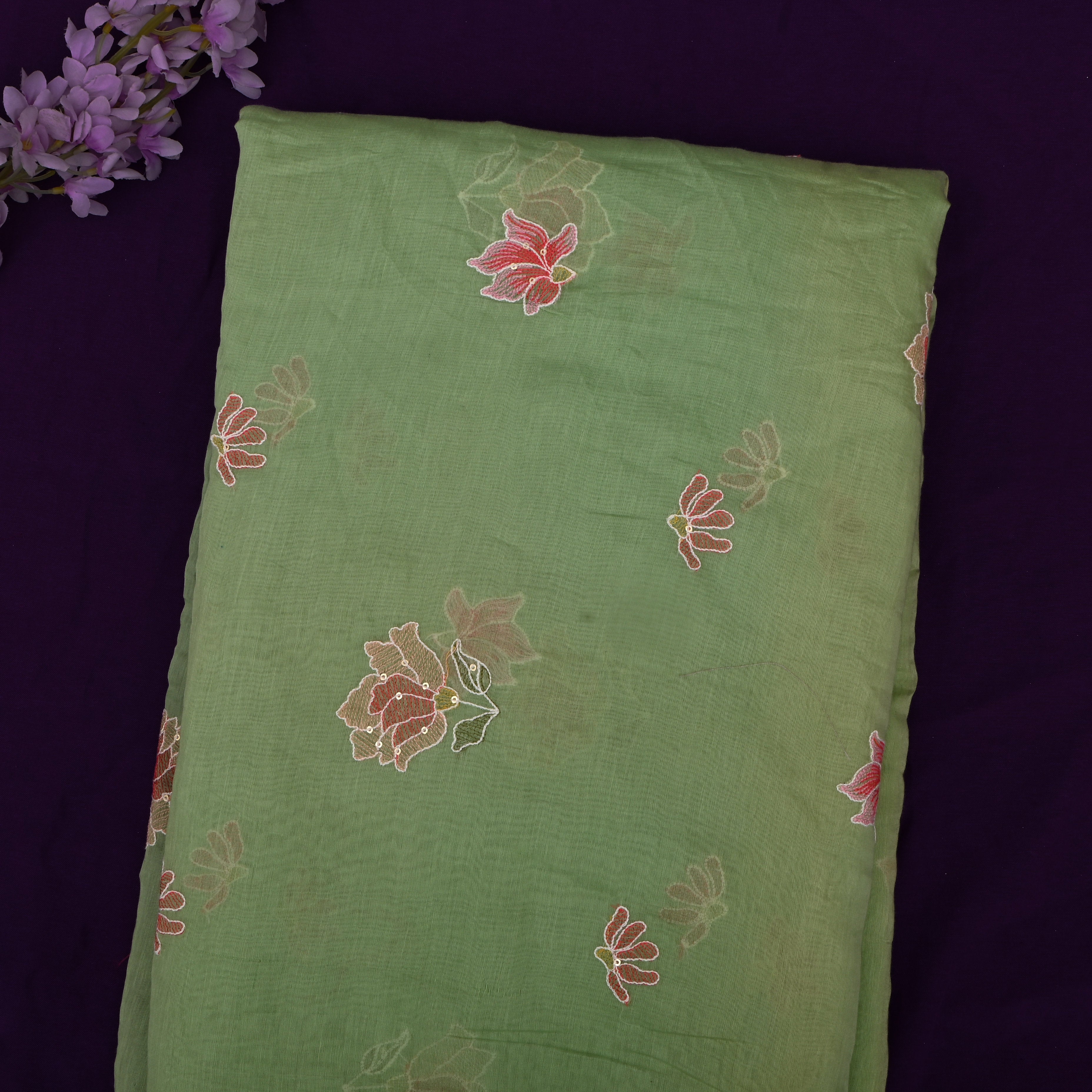 Pista Green Mulchanderi Fabric Thread Embroidery