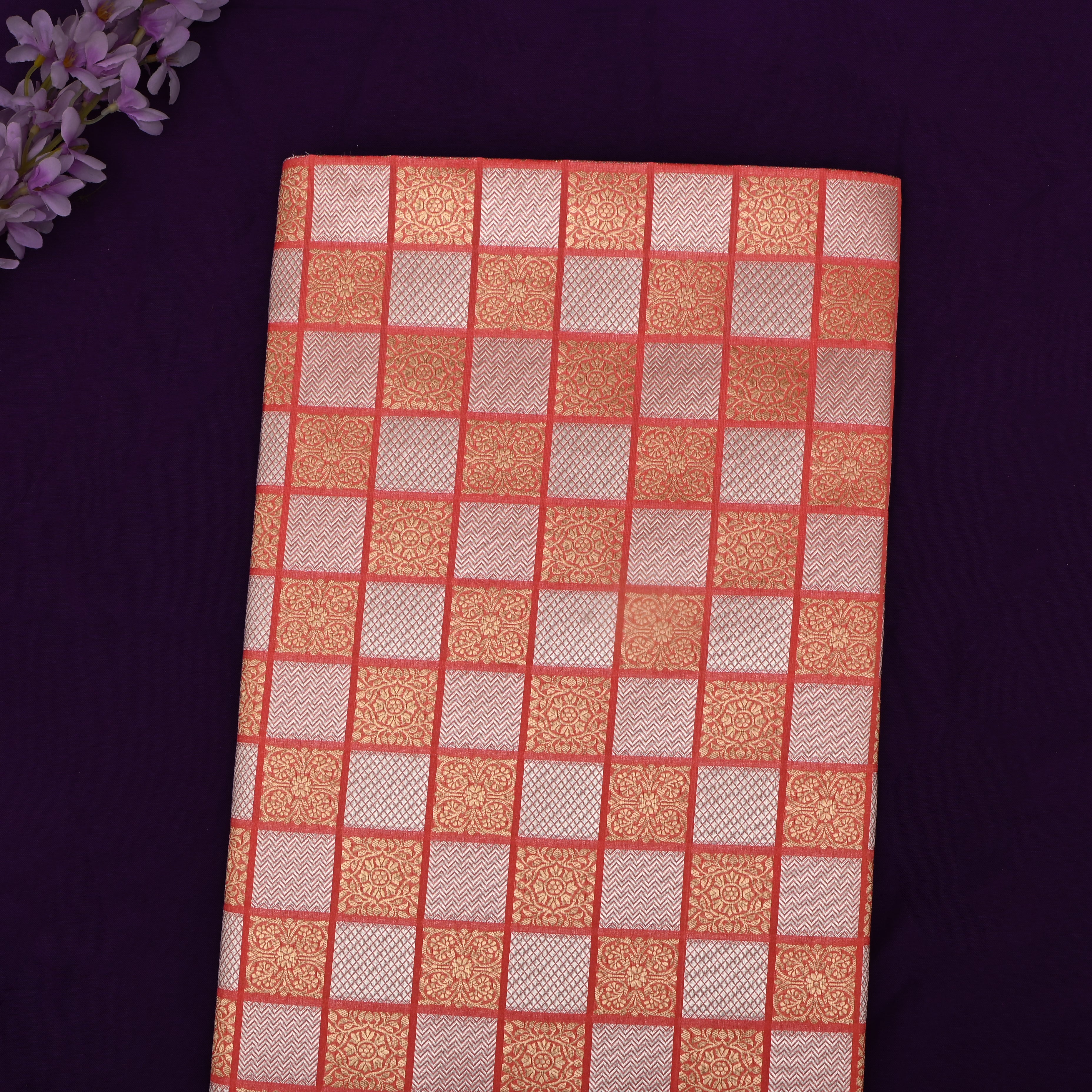 Coral Peach Banarasi Fabric With Checked Patterns