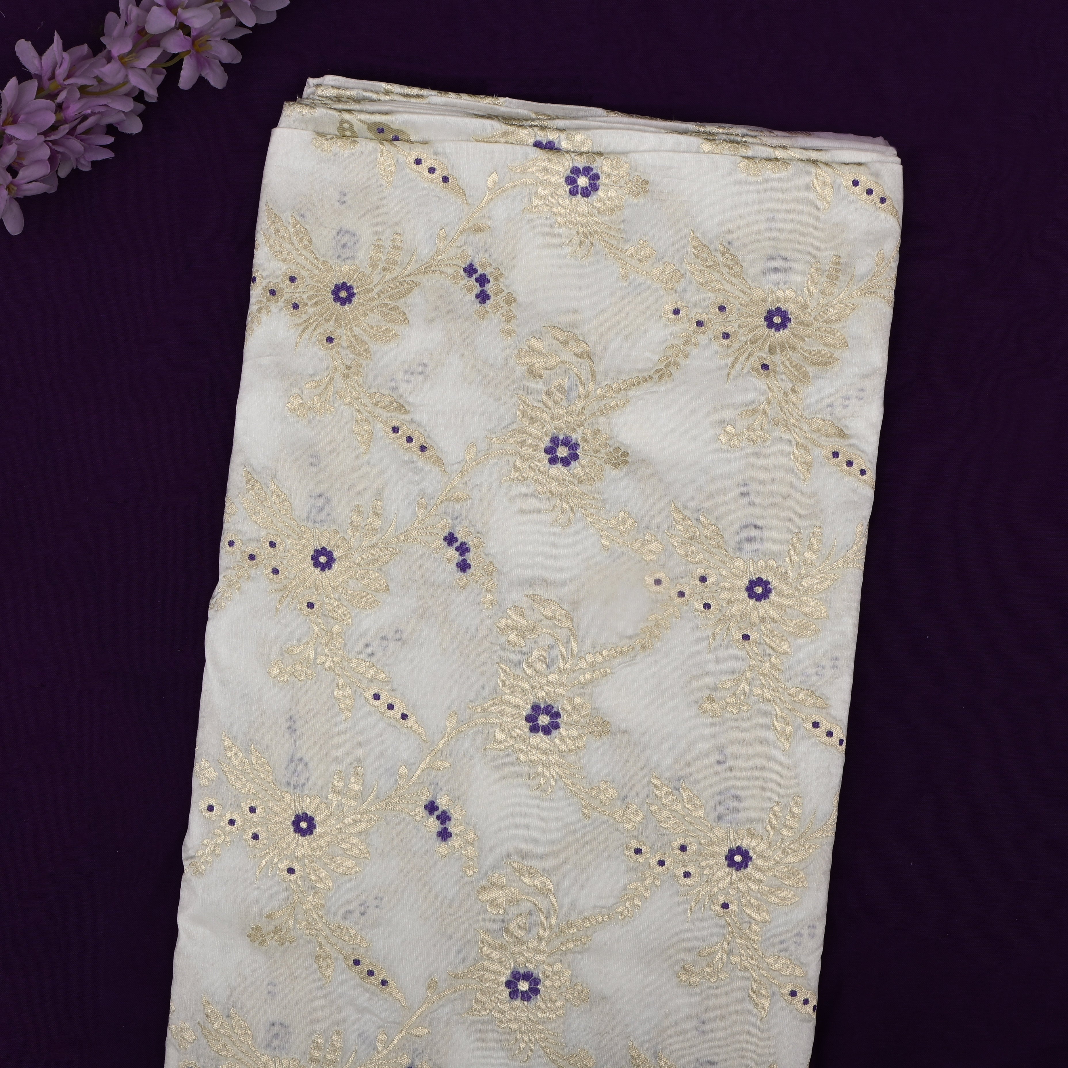 Very Pale Yellow Banarasi Fabric With Golden Jaal