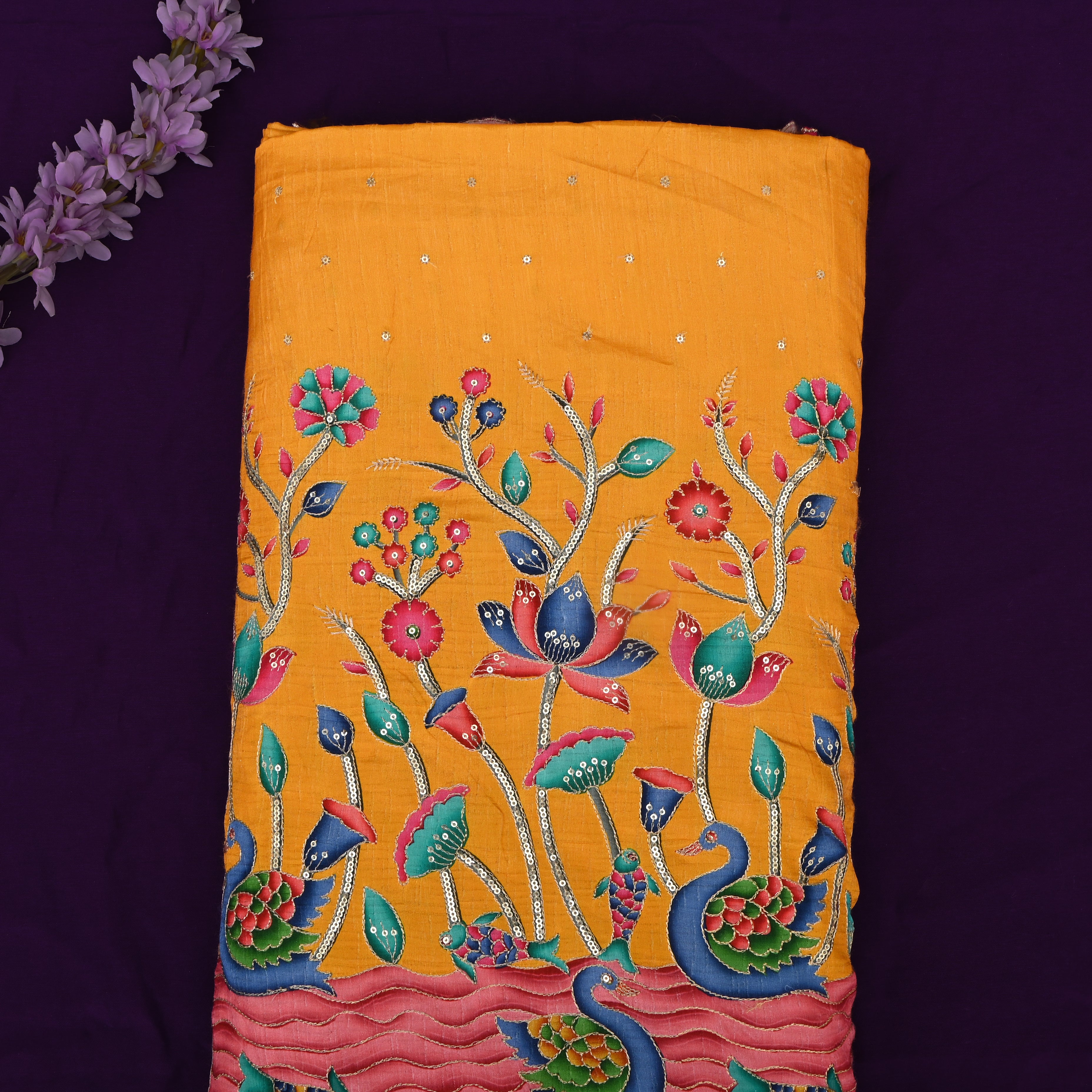 Beer Yellow Silk Fabric With Printed Embroidery